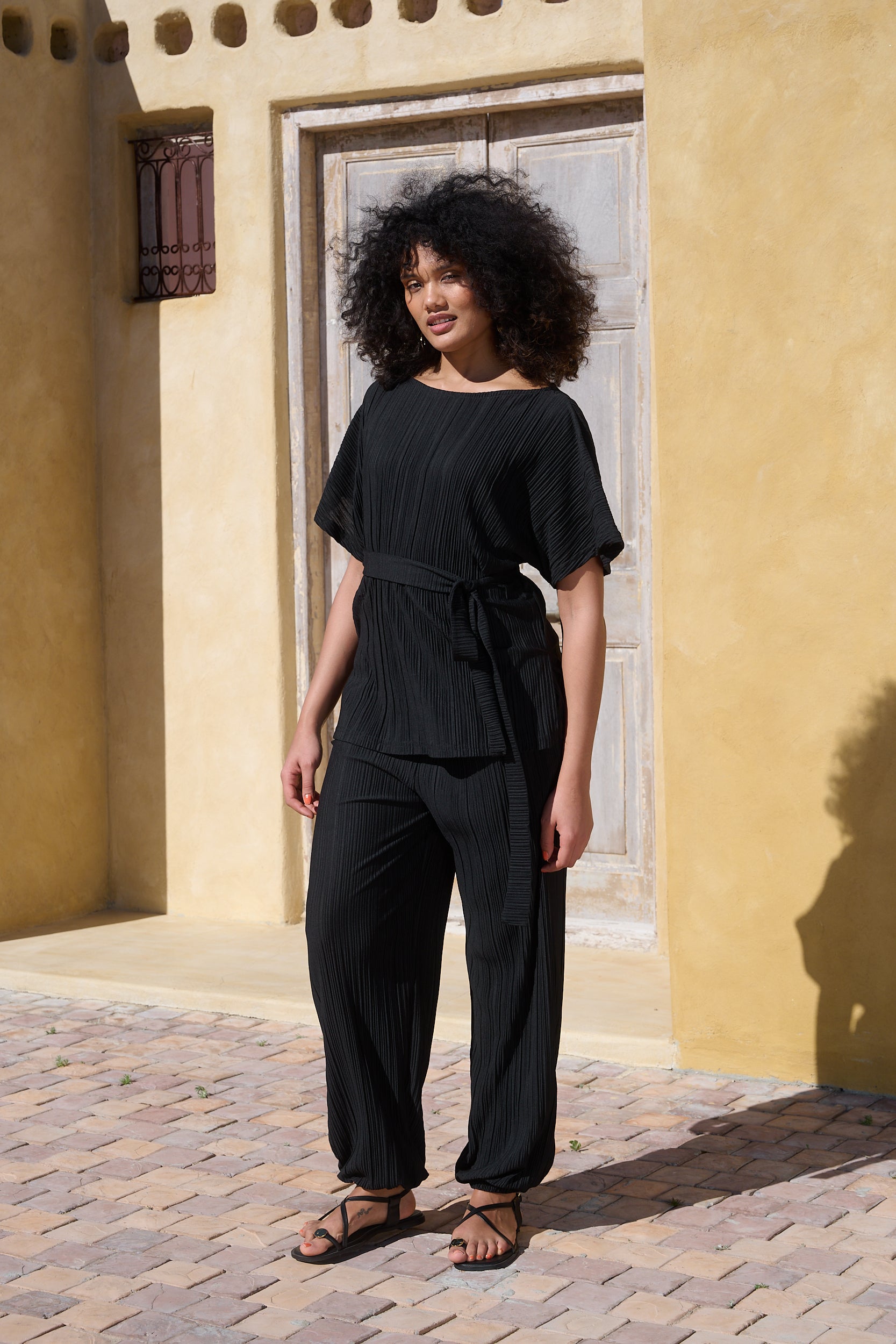 Kimono Sleeve Plisse Top with sash