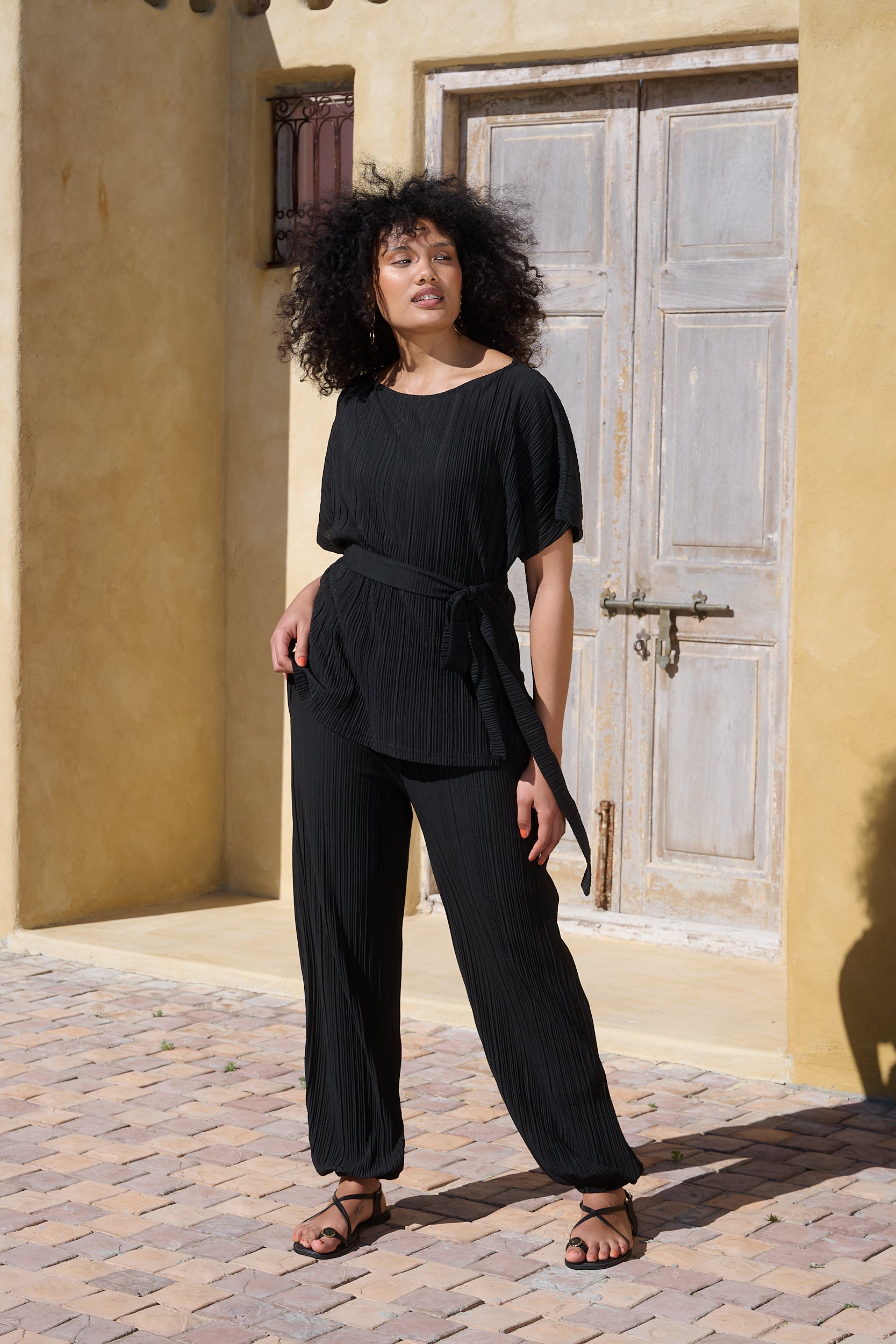 Kimono Sleeve Plisse Top with sash
