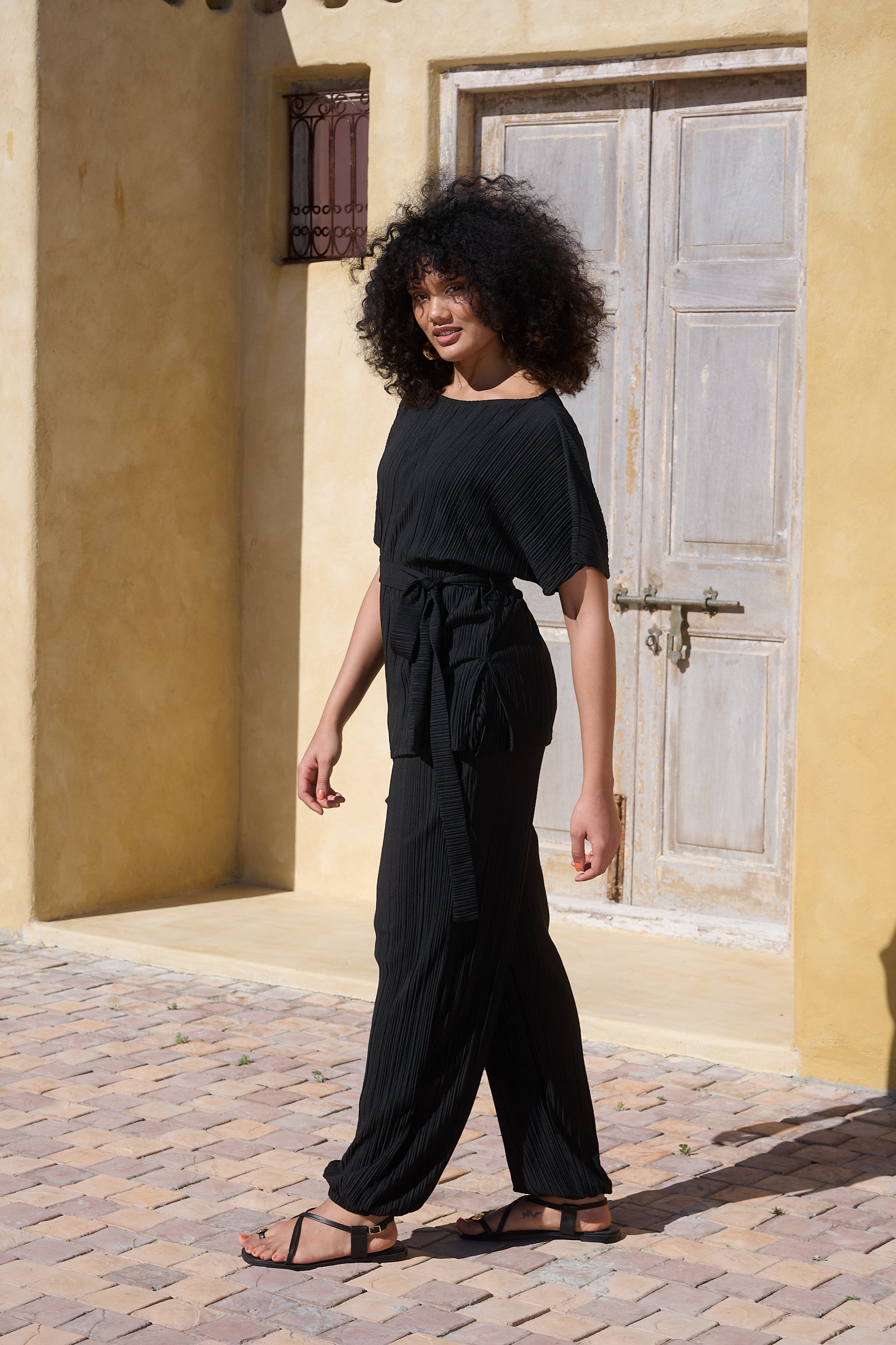 Kimono Sleeve Plisse Top with sash