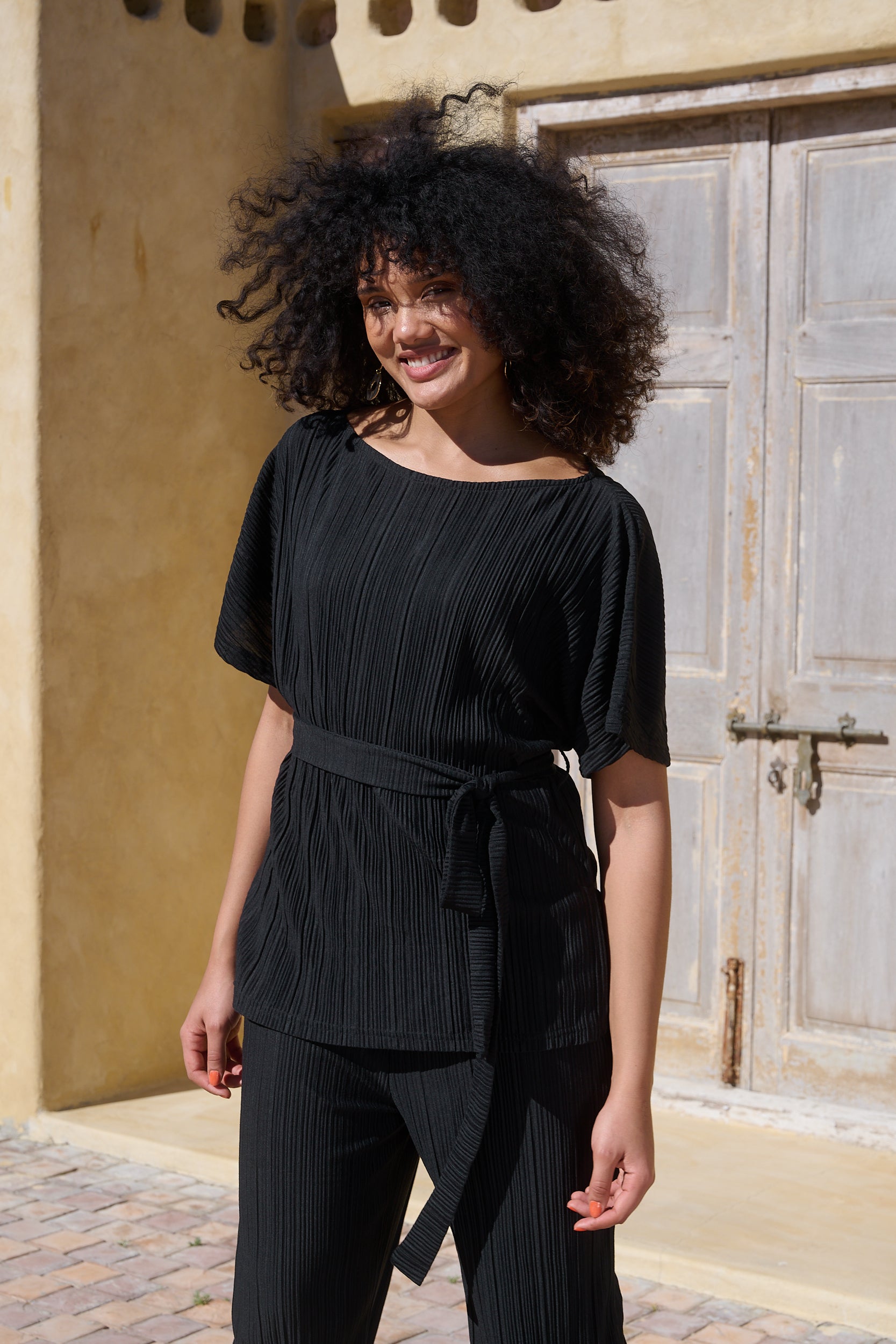 Kimono Sleeve Plisse Top with sash