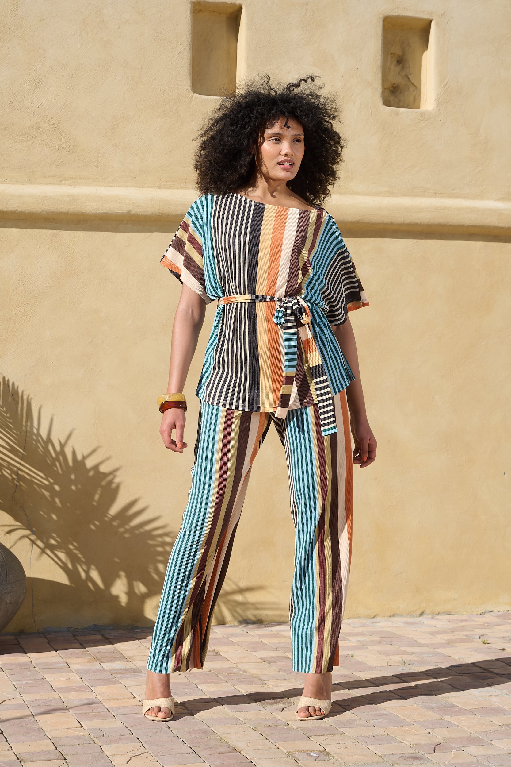 Kimono Sleeve Plisse Top with sash in MultiStripe