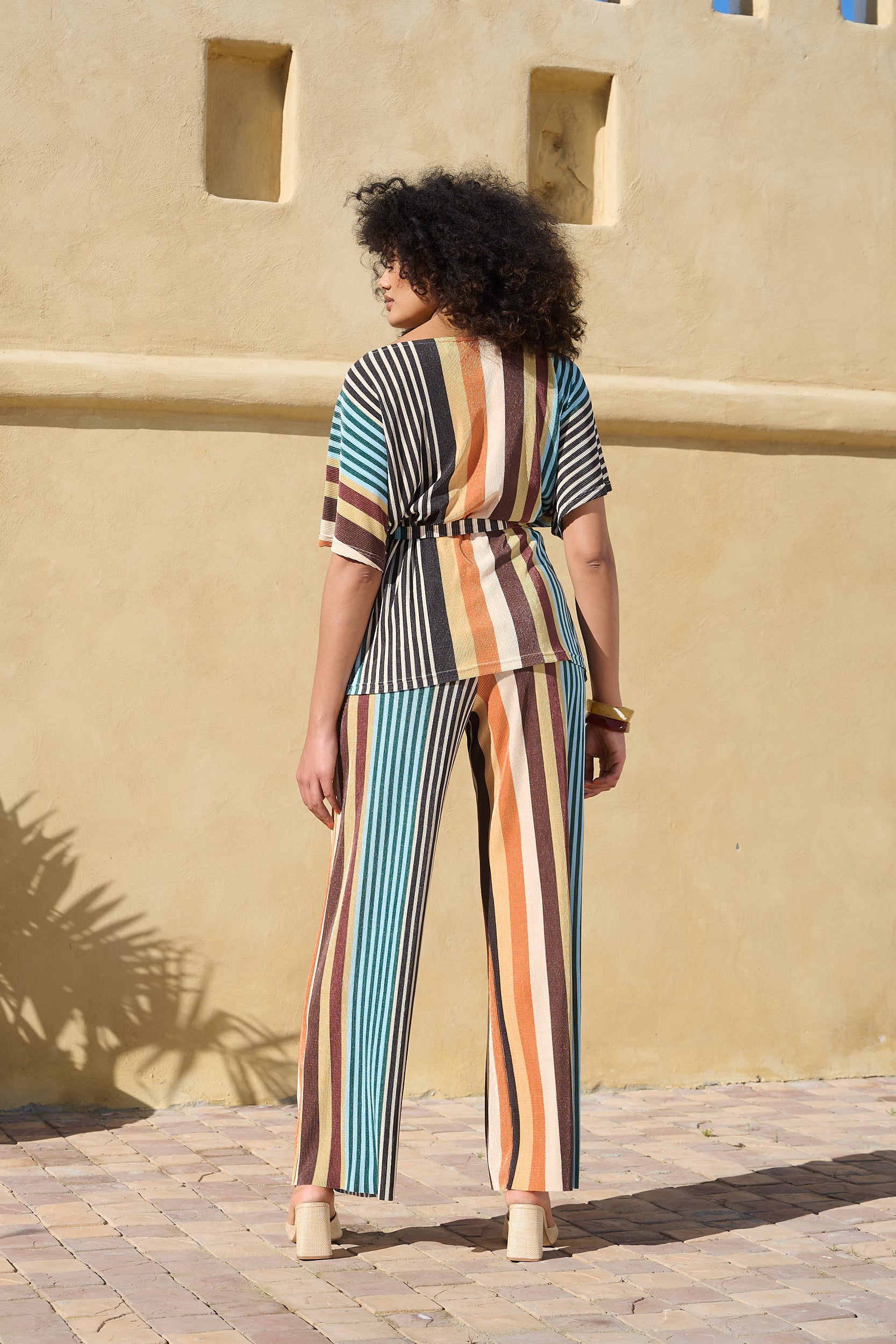 Kimono Sleeve Plisse Top with sash in MultiStripe