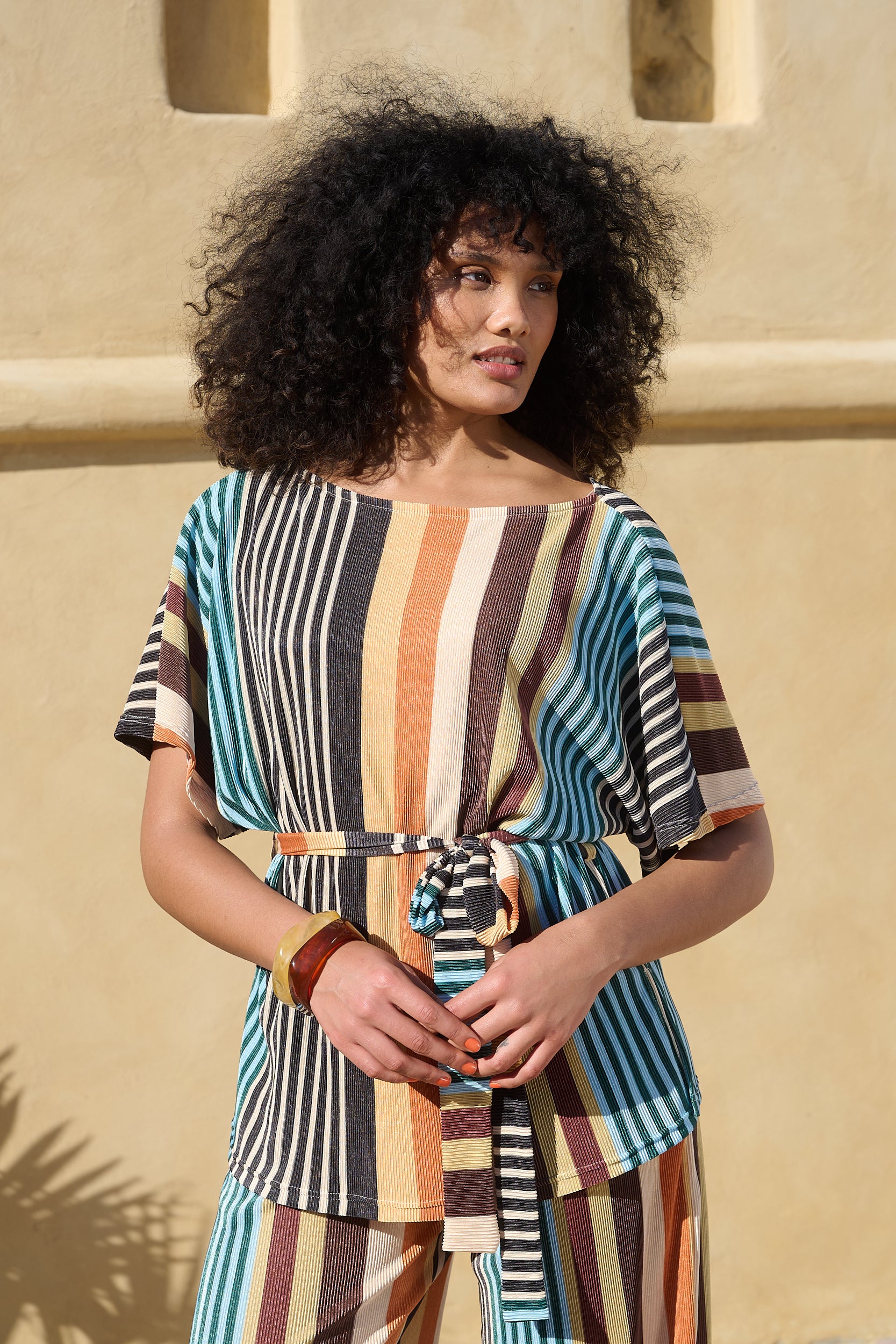Kimono Sleeve Plisse Top with sash in MultiStripe