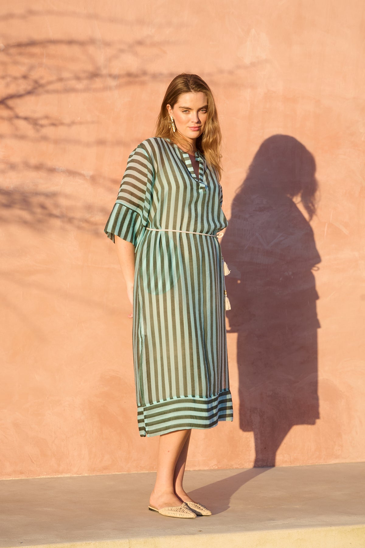Sheer Tunic Dress in Aqua Green Stripe