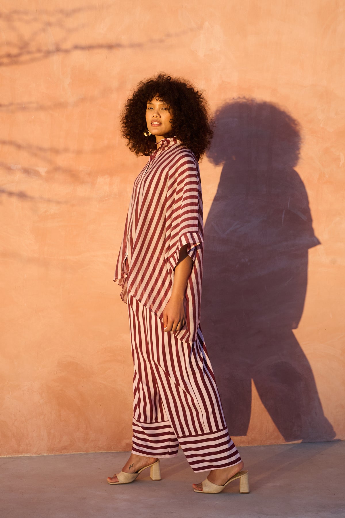 Stripe Elasticated Pant with Hem Detail in Burg and Pink Stripe