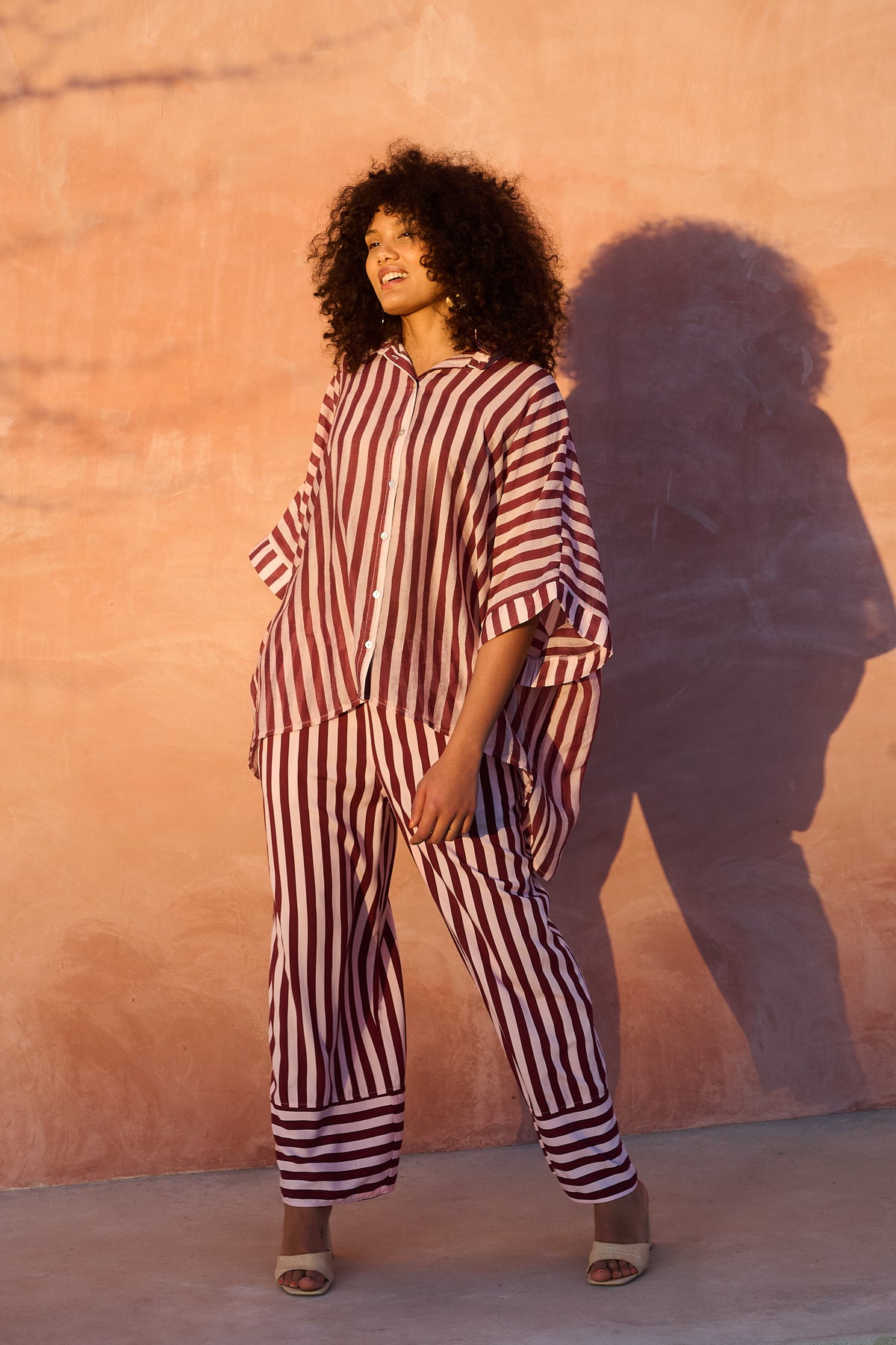 Stripe Elasticated Pant with Hem Detail in Burg and Pink Stripe