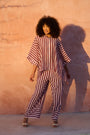 Stripe Elasticated Pant with Hem Detail in Burg and Pink Stripe