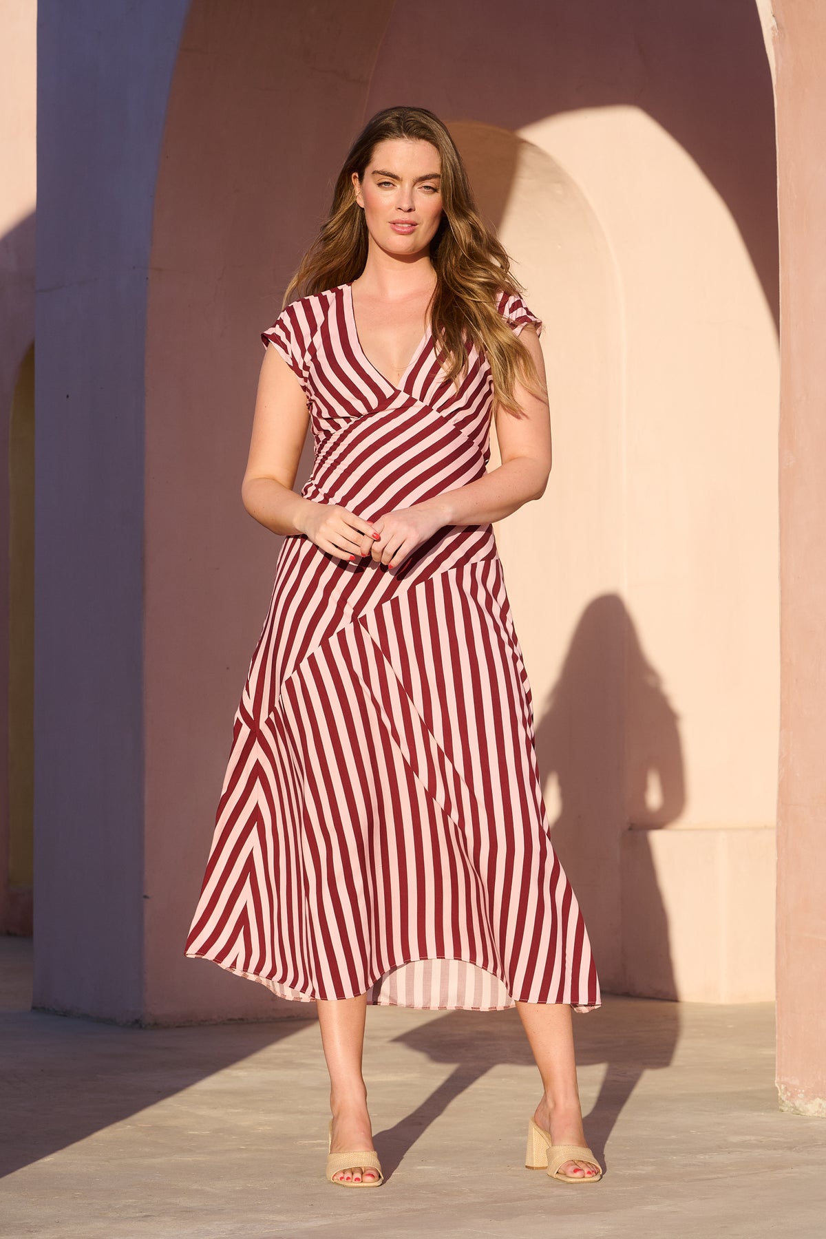 Burg and Pink Stripe Bias Empire Maxi Dress