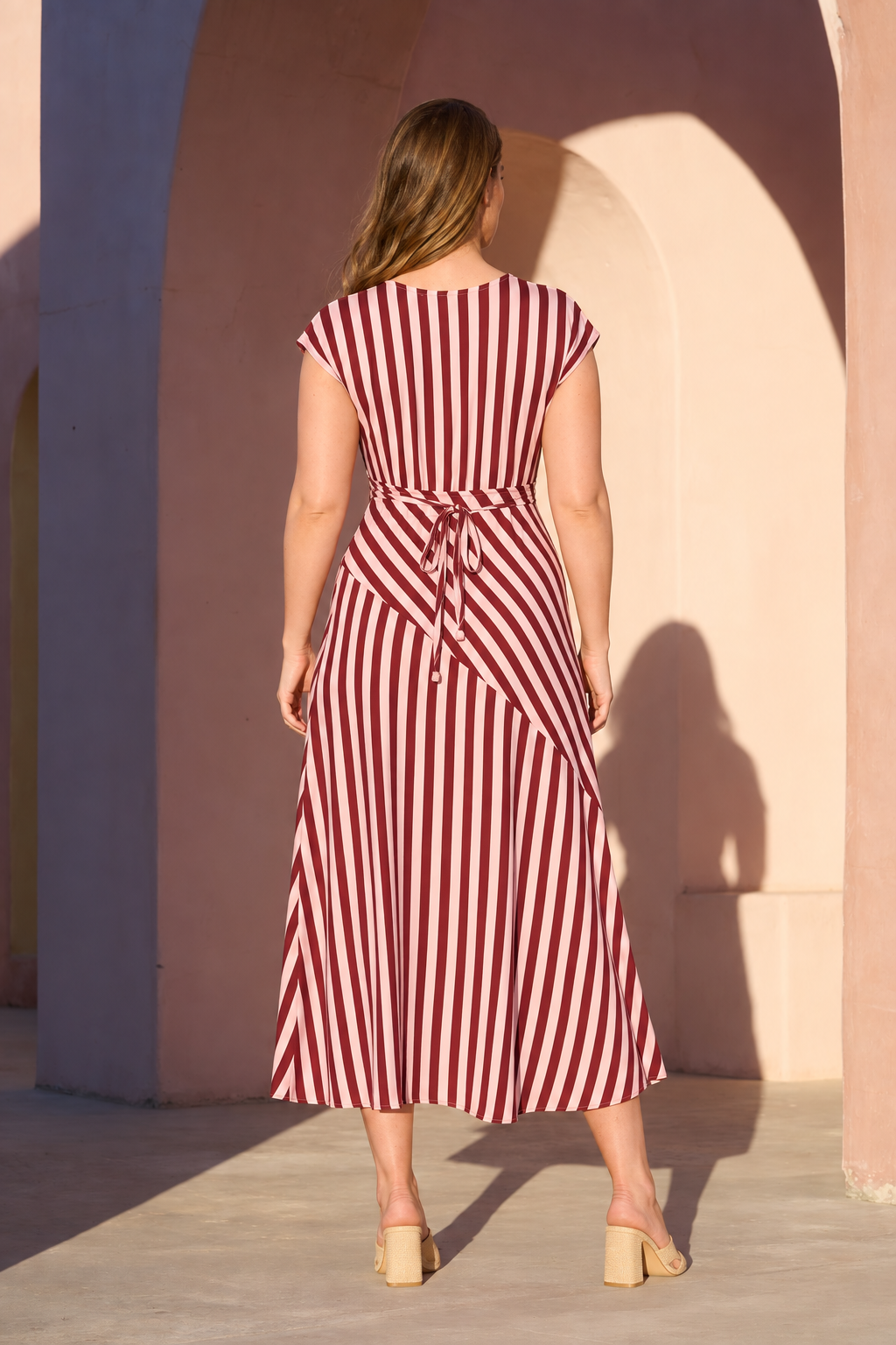 Burg and Pink Stripe Bias Empire Maxi Dress