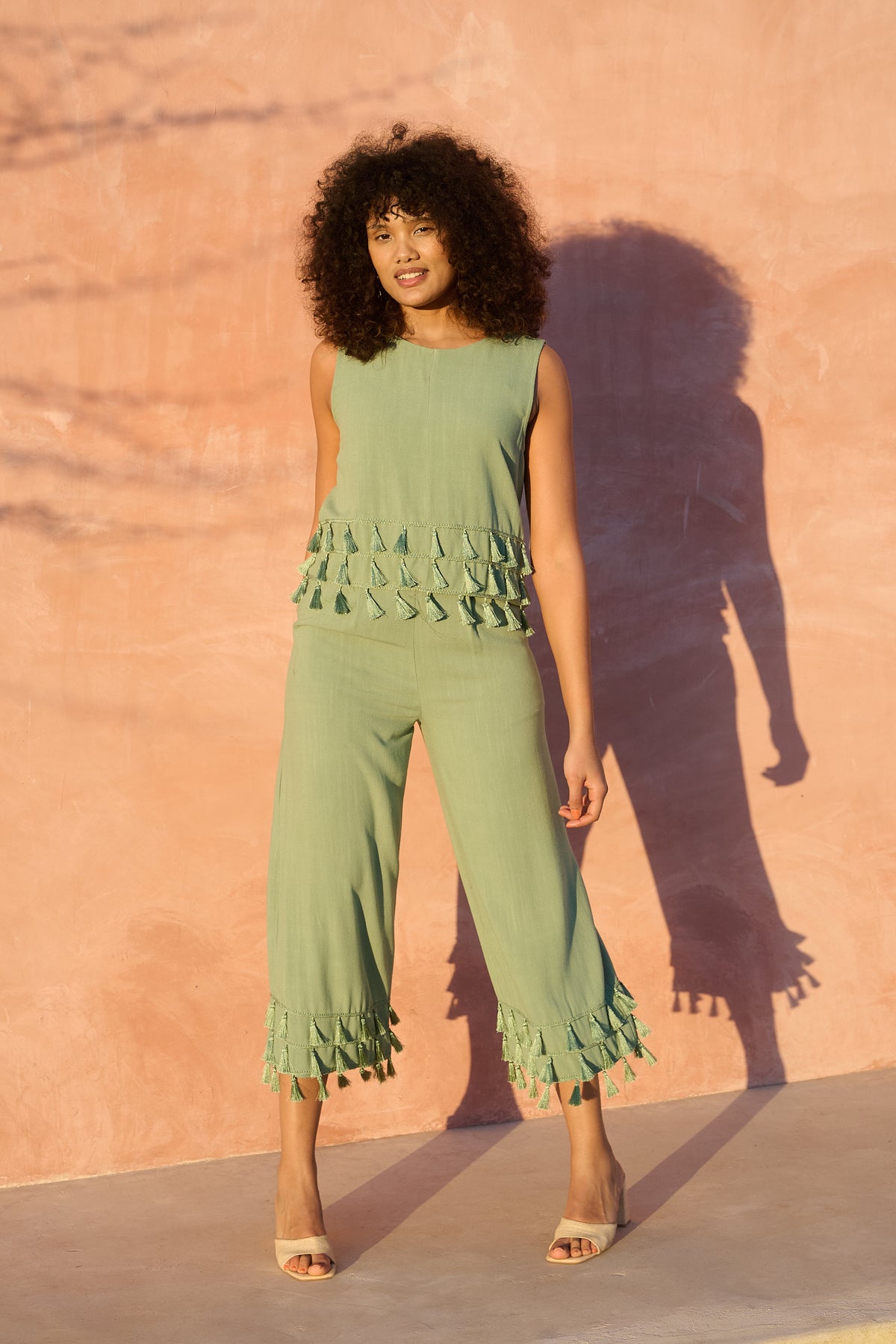 Sleeveless Top in Shale with Tassel Hem