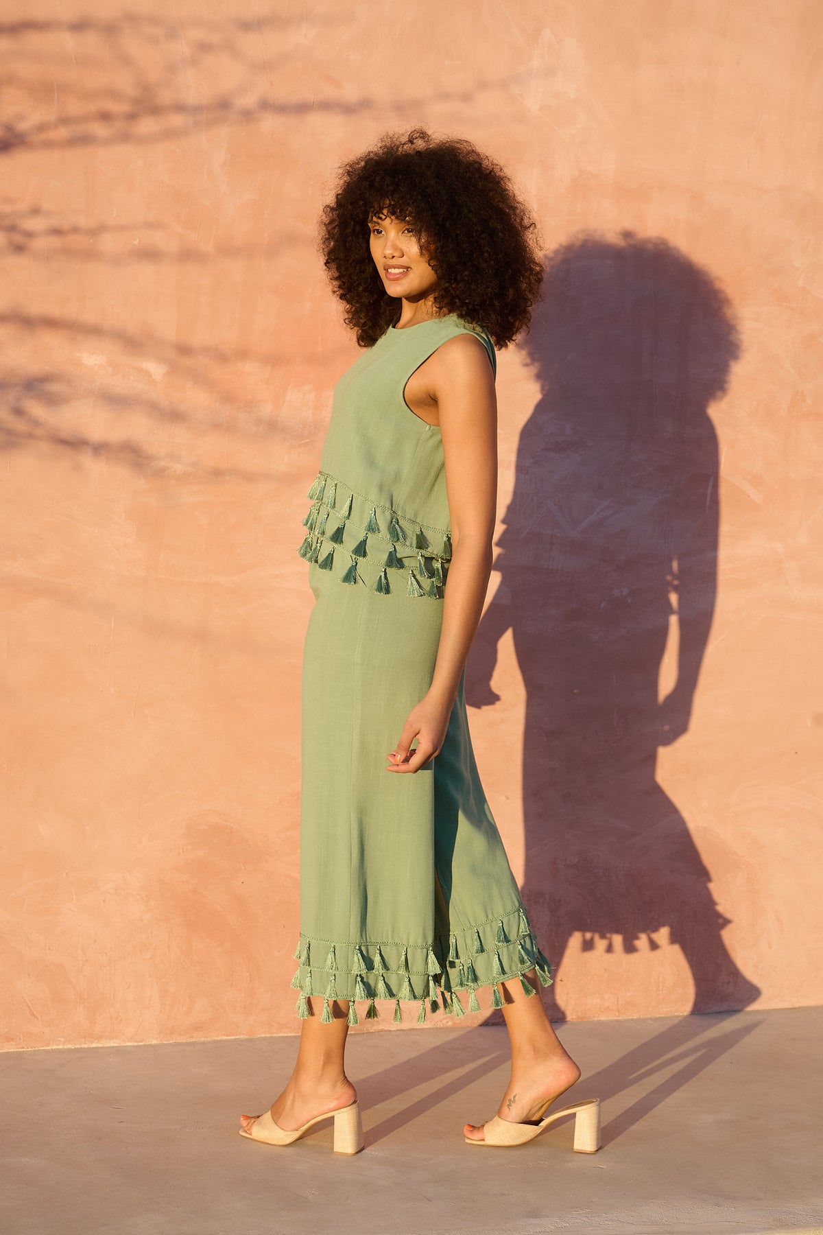 Sleeveless Top in Shale with Tassel Hem