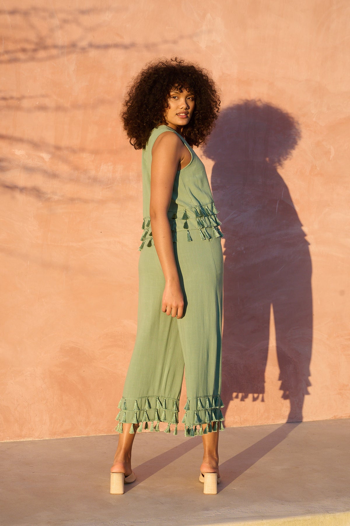 Sleeveless Top in Shale with Tassel Hem