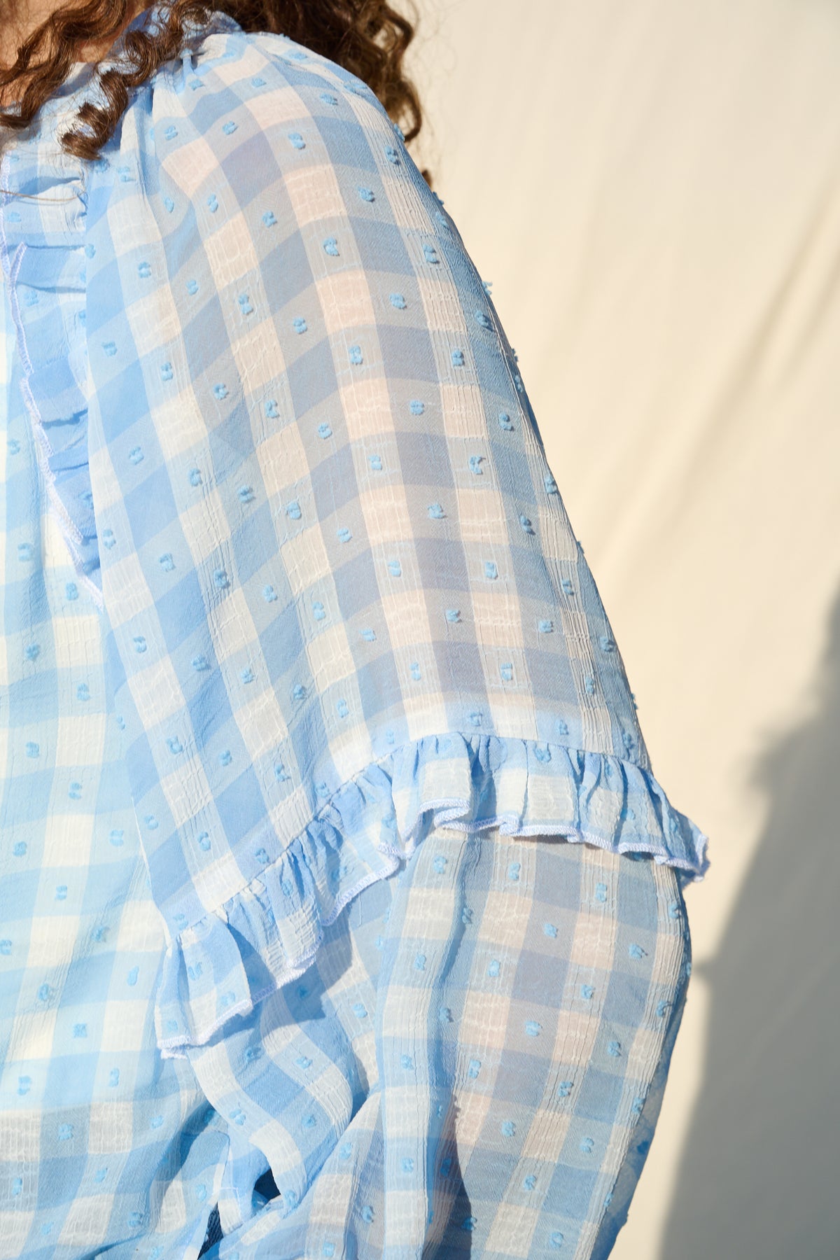 Frill Neck Check Shirt in Ice Blue