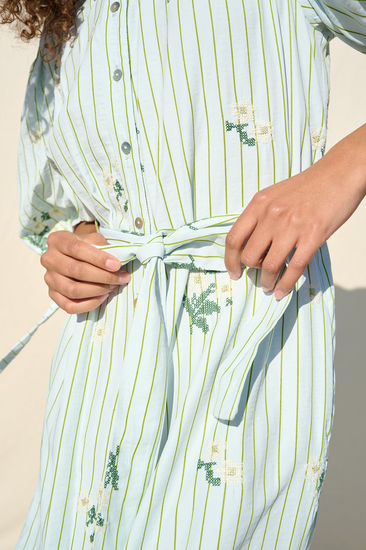 Crosshatch Embroidered Puffed Sleeve Shirt Dress