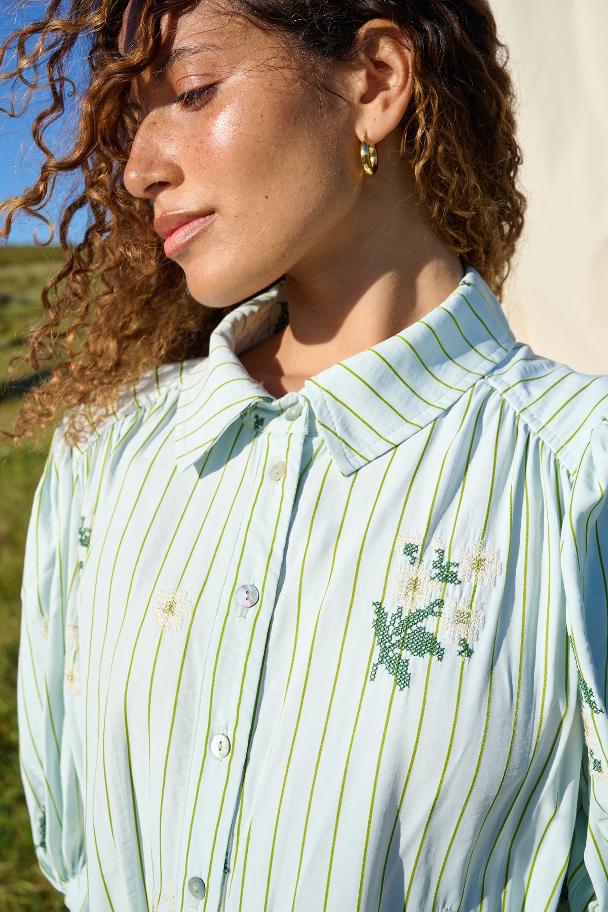 Crosshatch Embroidered Puffed Sleeve Shirt Dress