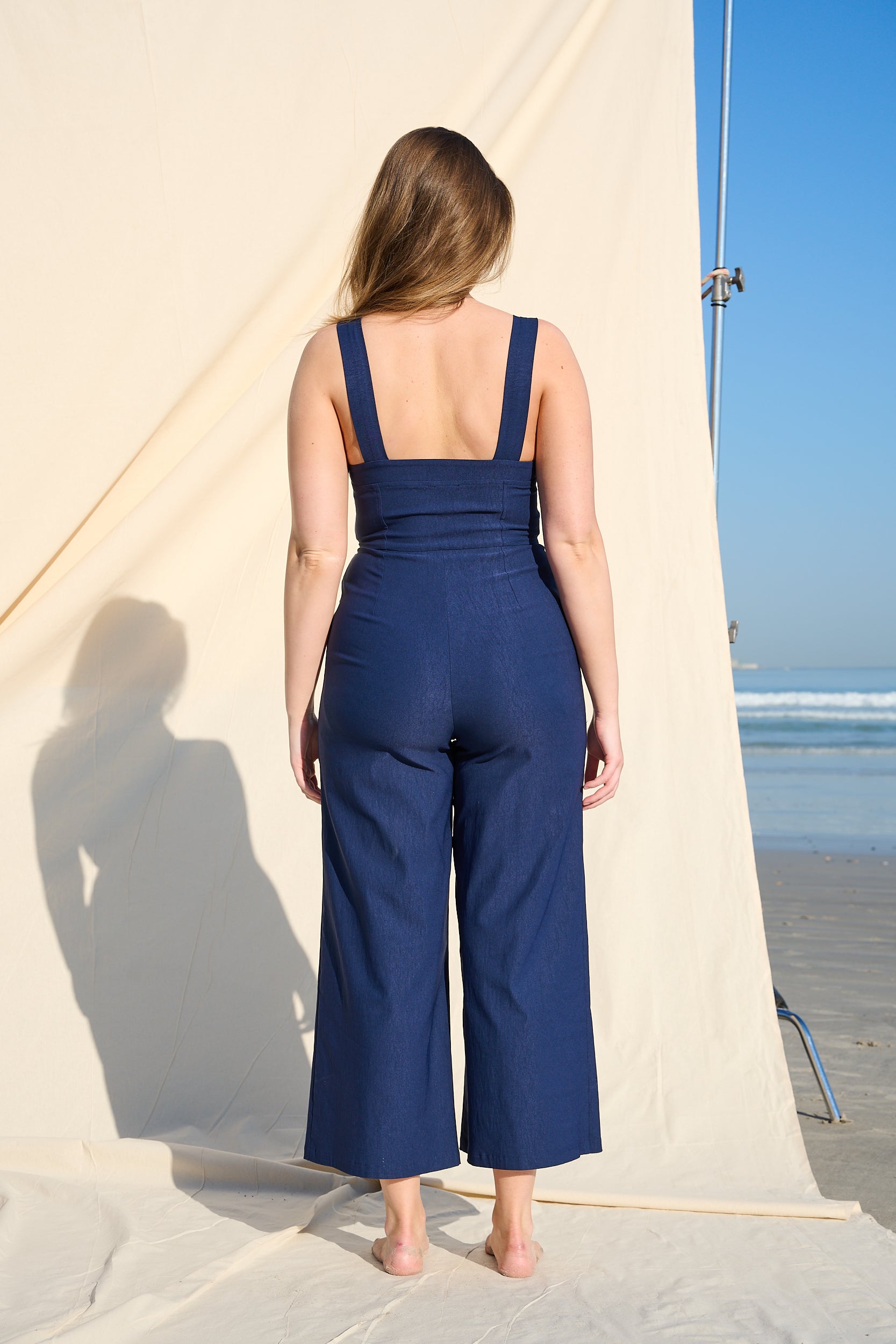 Stretch Cropped Wide Leg Jumpsuit in Navy