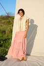 Butter yellow blouse with ruffle sleeves, lace trim and tie-front detail.