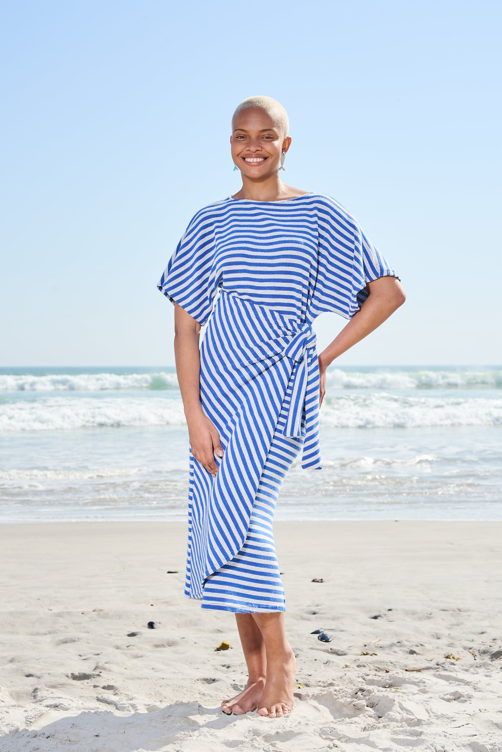 Relaxed T-Shirt Dress with faux Wrap in Ink and Milk Stripe