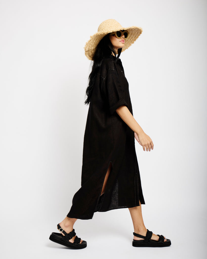 Linen Shirt Dress in Black - Me&B