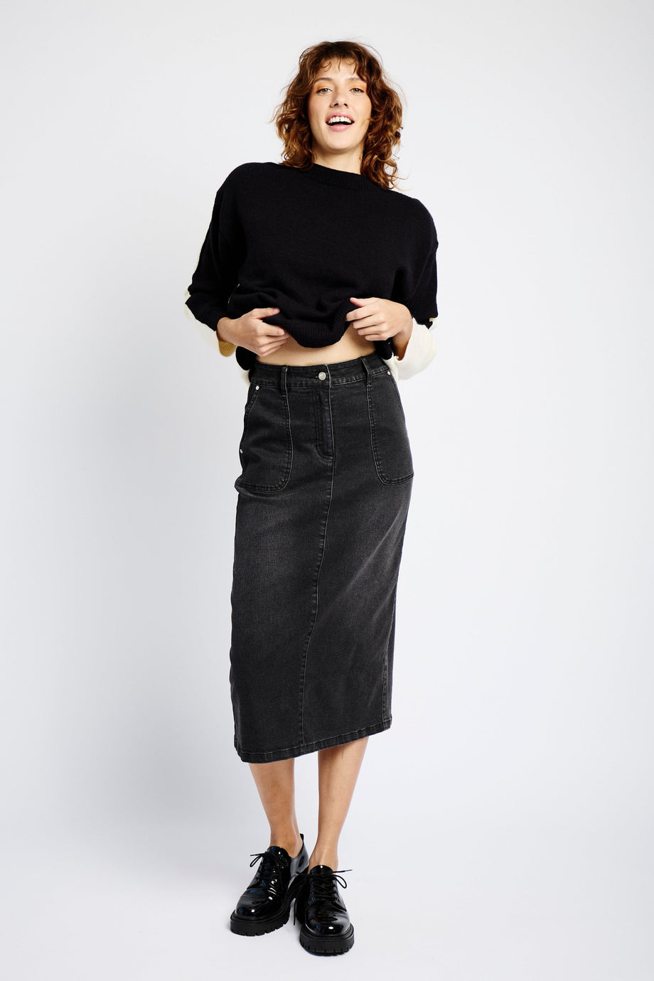 Denim Skirt with Back Slit in Black Me B