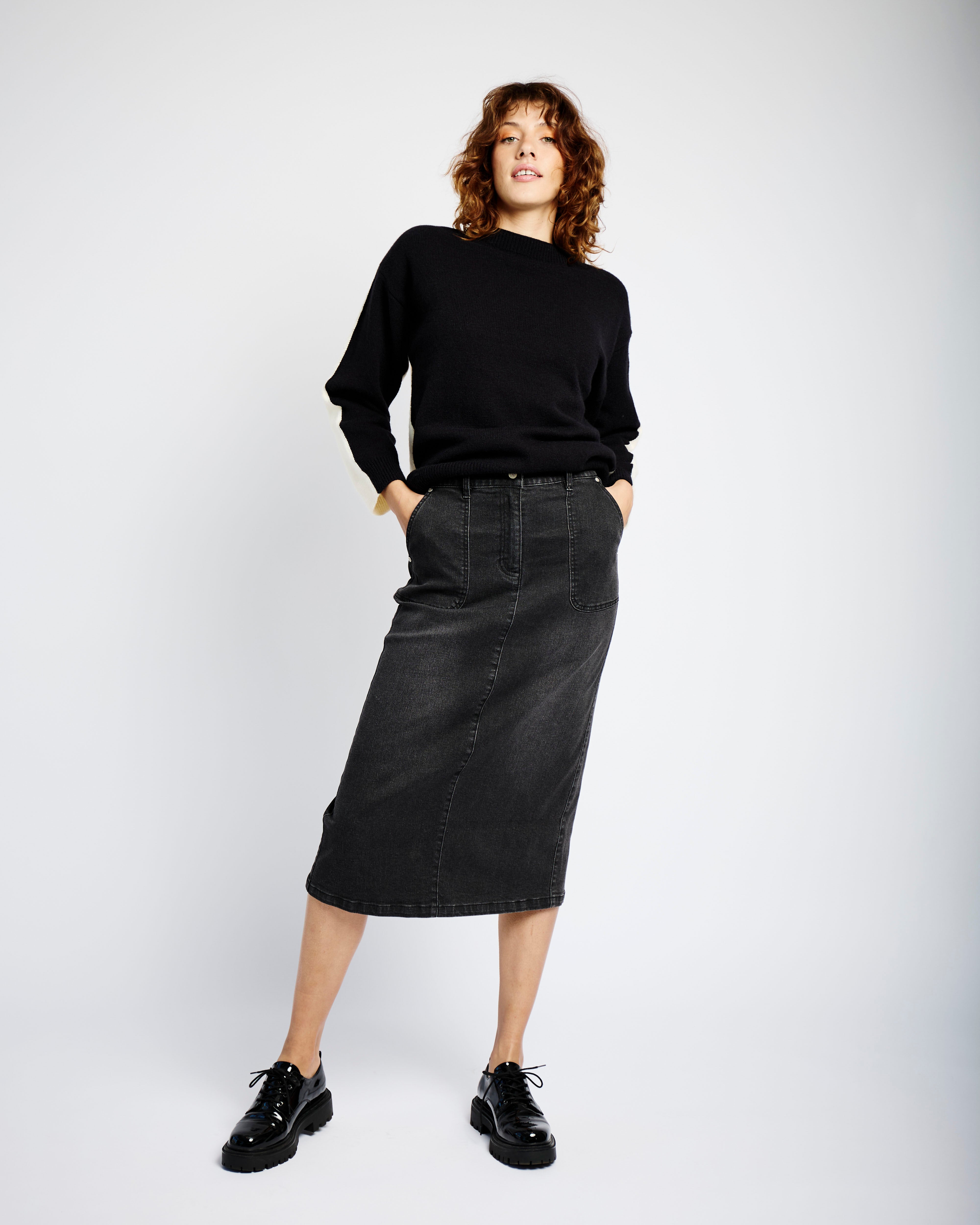 Denim Skirt with Back Slit in Black - Me&B