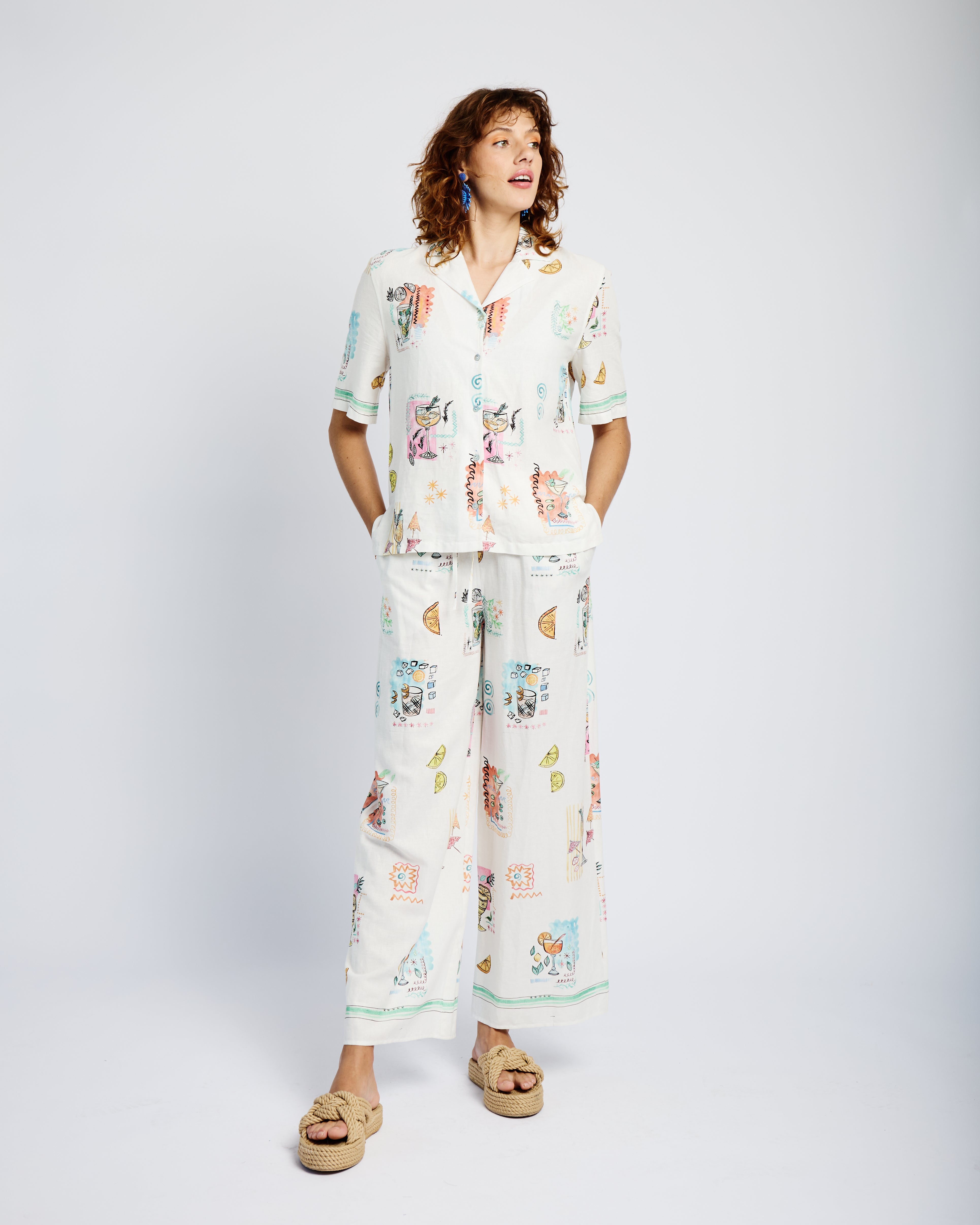 Revere Collar  Shirt with Cocktail Print