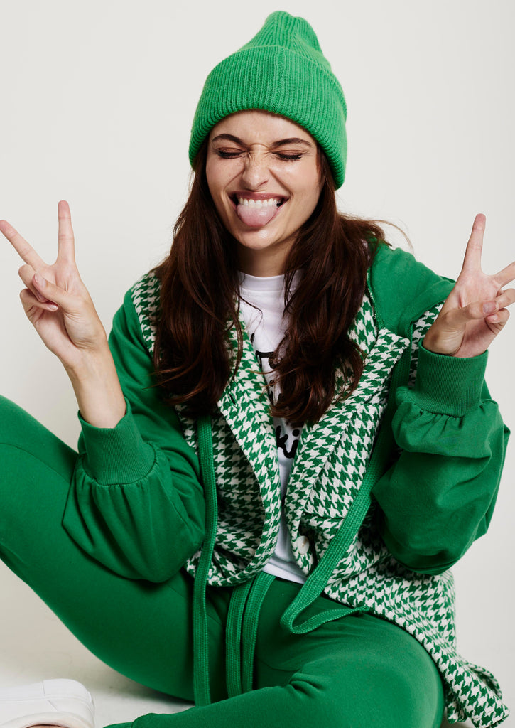 Me&B. Women's clothing. Loungewear. Hoodie. Tracksuit top. Green checked hoodie. Button up hoodie. Green hoodie. Green boucle hoodie. Green loungewear. South African brand.