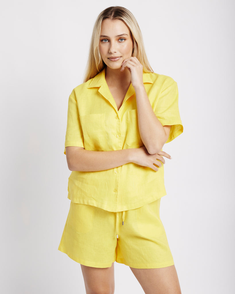 Me&B. Women's clothing. Shirt. Linen Shirt. Linen Button Up. Collared Linen Shirt. Yellow Linen Shirt. Locally made in Cape Town
