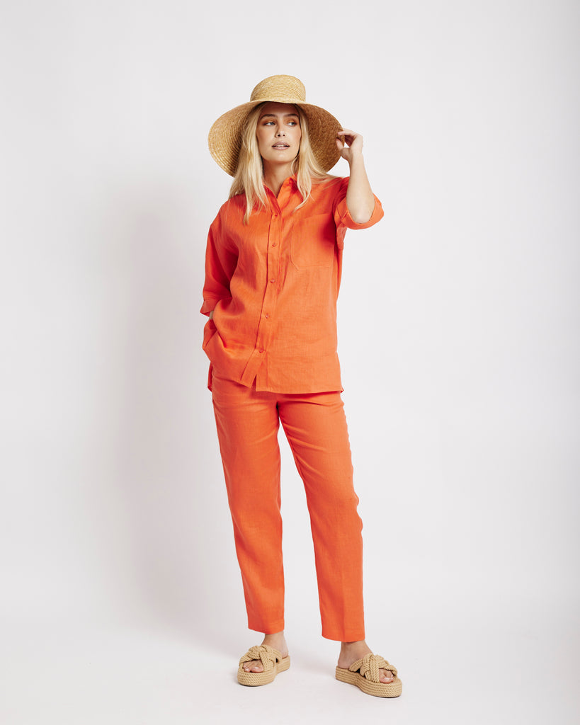Me&B. Women's Clothing. Pants. Ultimate Tapered Leg Linen Pant in Coral. Orange Linen Pants. Orange Linen Set. Locally made in South Africa.