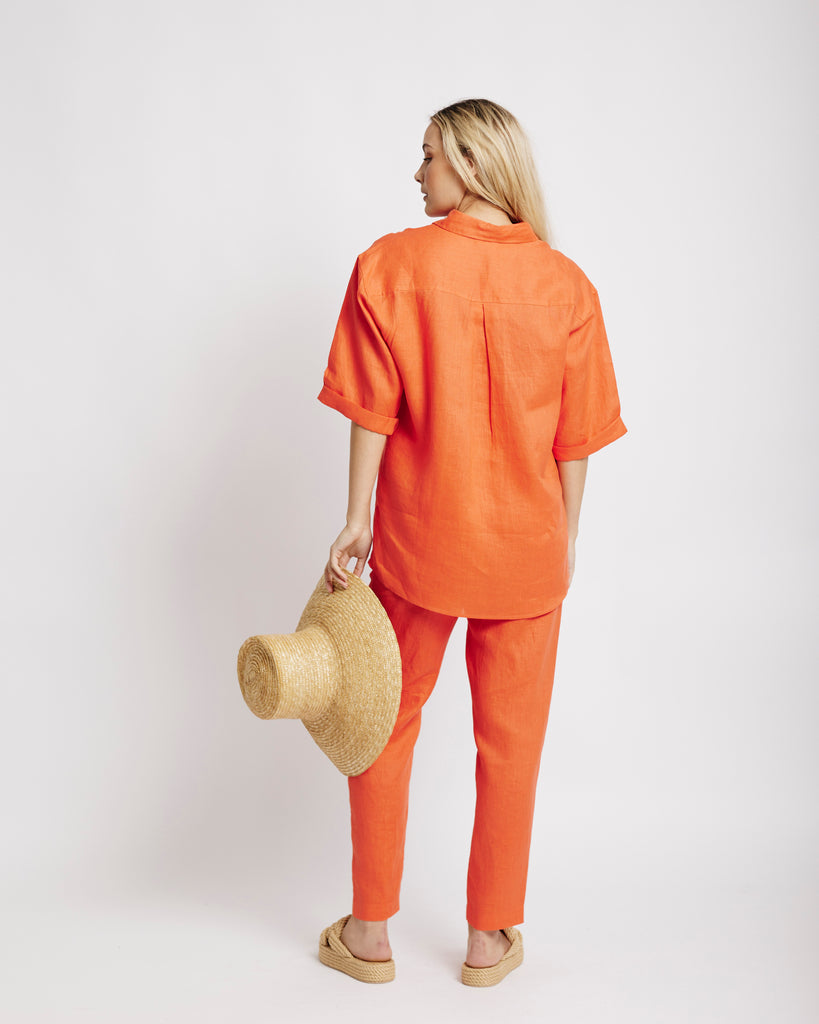 Me&B. Women's Clothing. Pants. Ultimate Tapered Leg Linen Pant in Coral. Orange Linen Pants. Orange Linen Set. Locally made in South Africa.