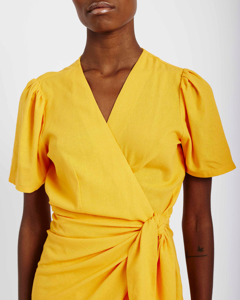 Me&B. Women's clothing. Dress. Wrap dress. Mango wrap dress. Yellow wrap dress. Maxi wrap dress.