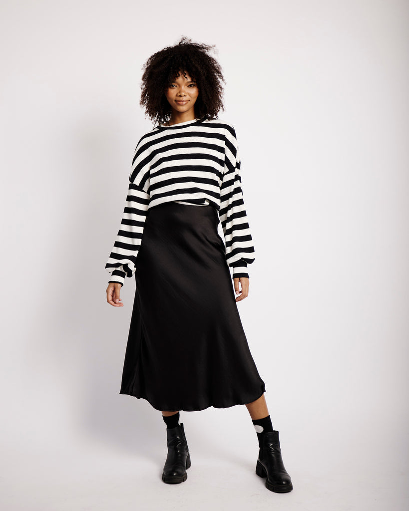 The Slouchy Rib Knit Top in Black and Cream Stripe - Me&B