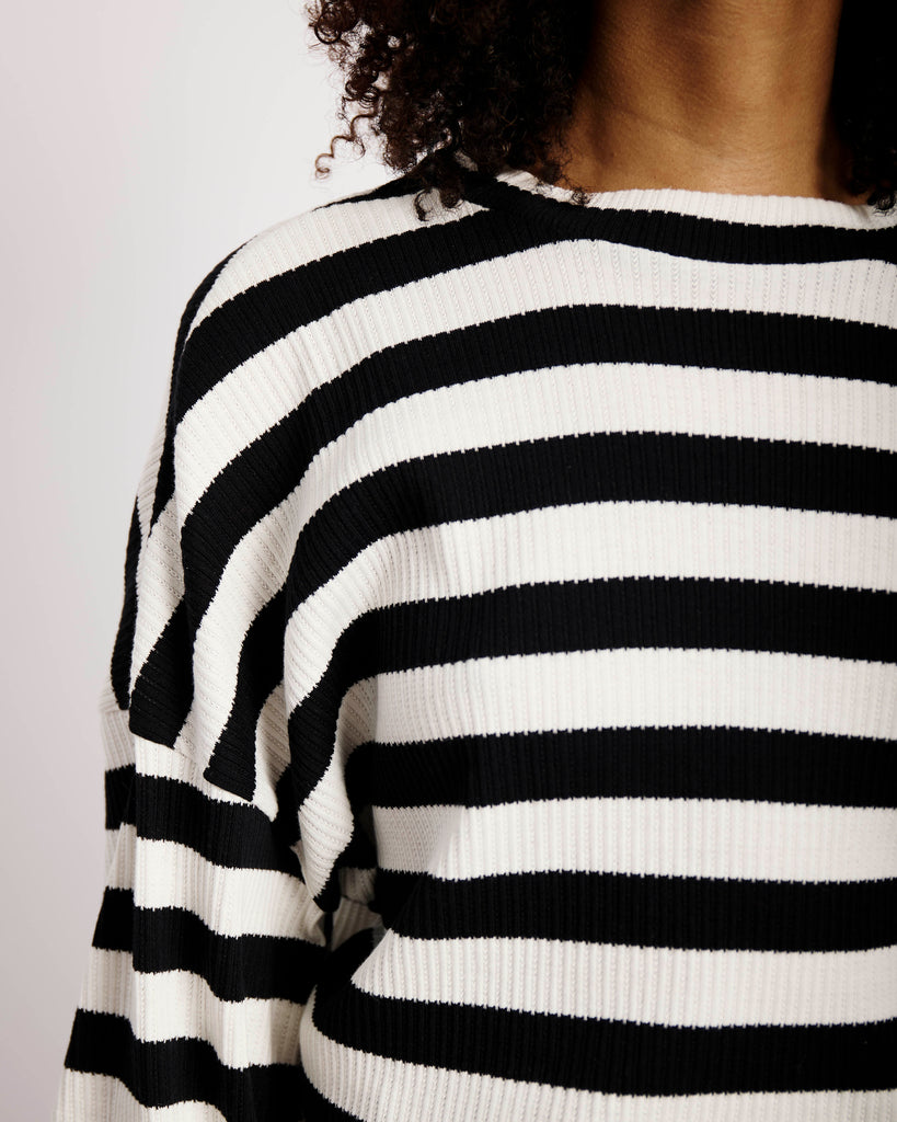 The Slouchy Rib Knit Top in Black and Cream Stripe - Me&B