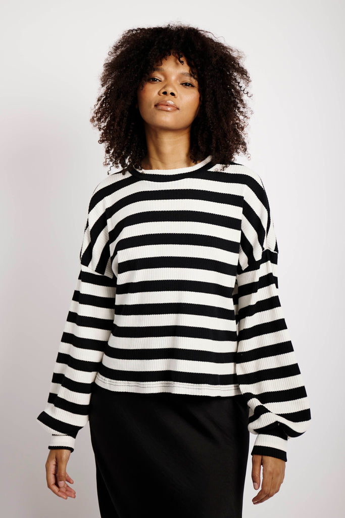 The Slouchy Rib Knit Top in Black and Cream Stripe - Me&B