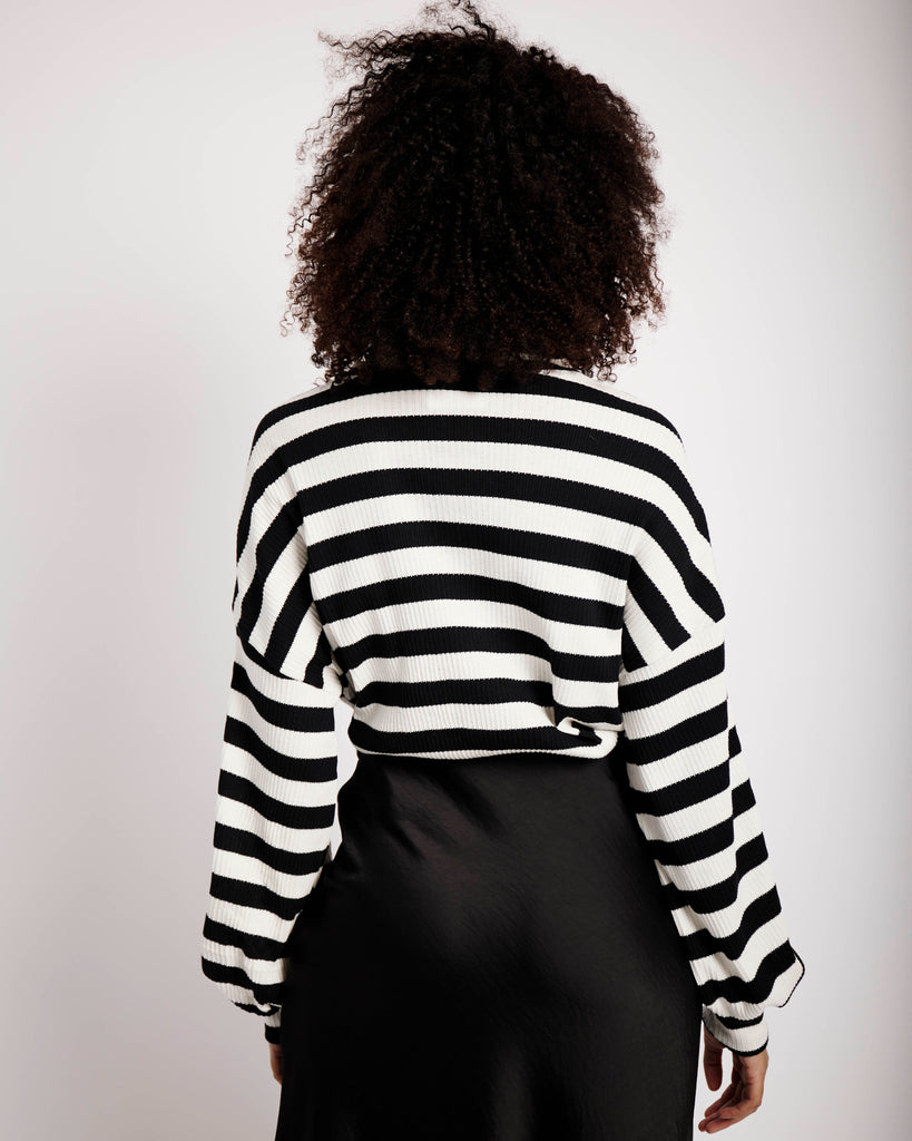 The Slouchy Rib Knit Top in Black and Cream Stripe - Me&B