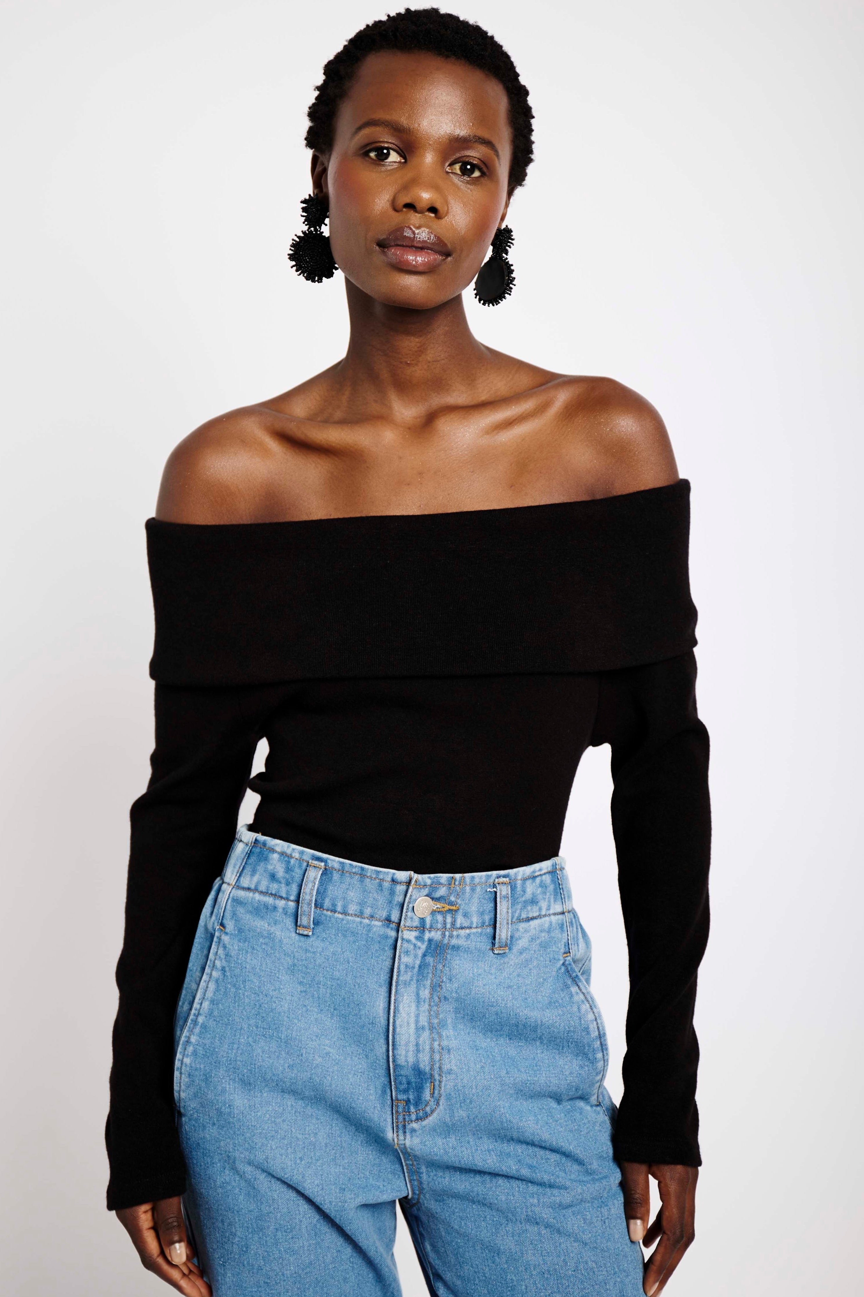 Off the Shoulder Knit Top in Black - Me&B