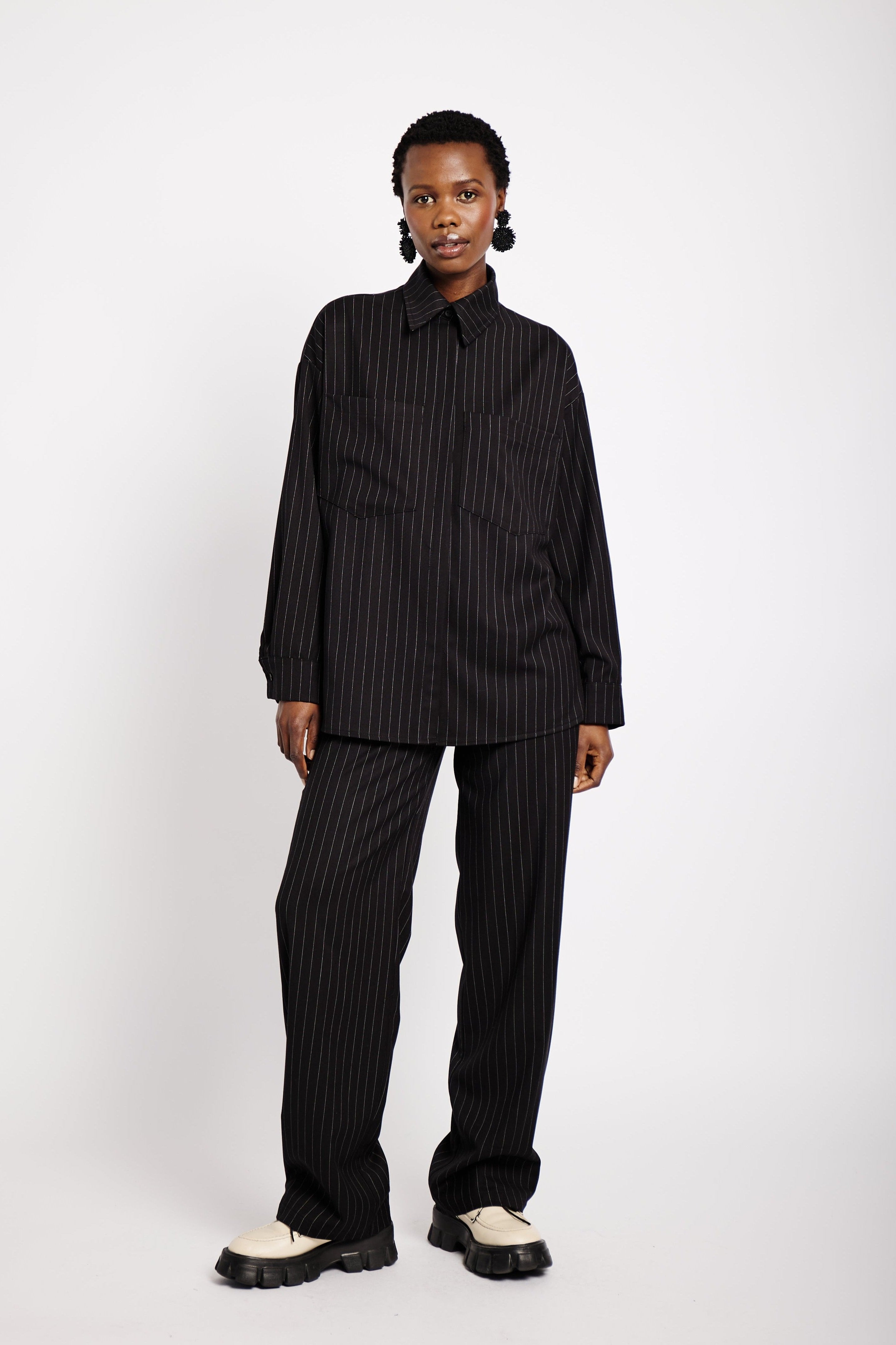 Suiting Shacket in Black Pinstripe - Me&B