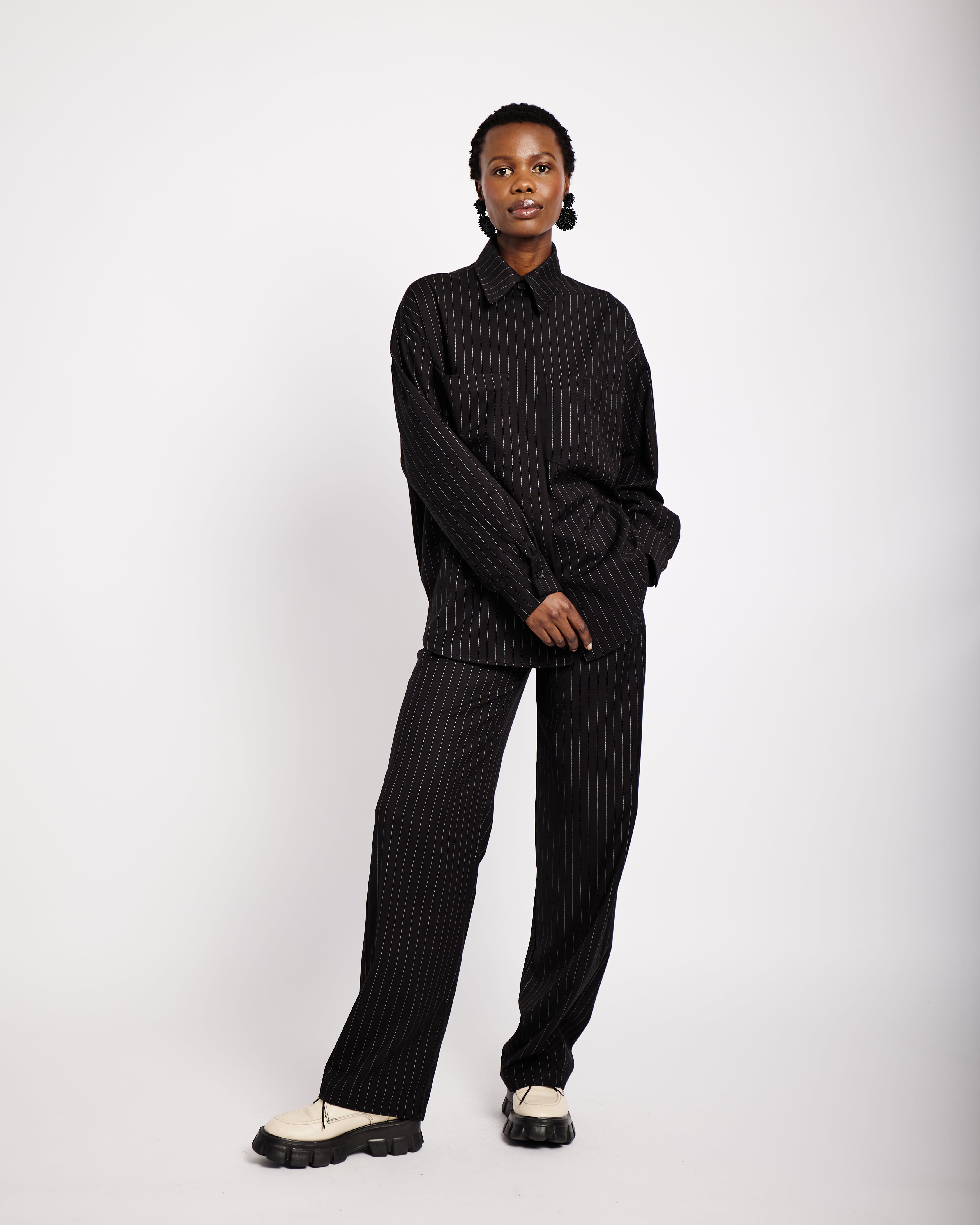 Suiting Shacket in Black Pinstripe - Me&B