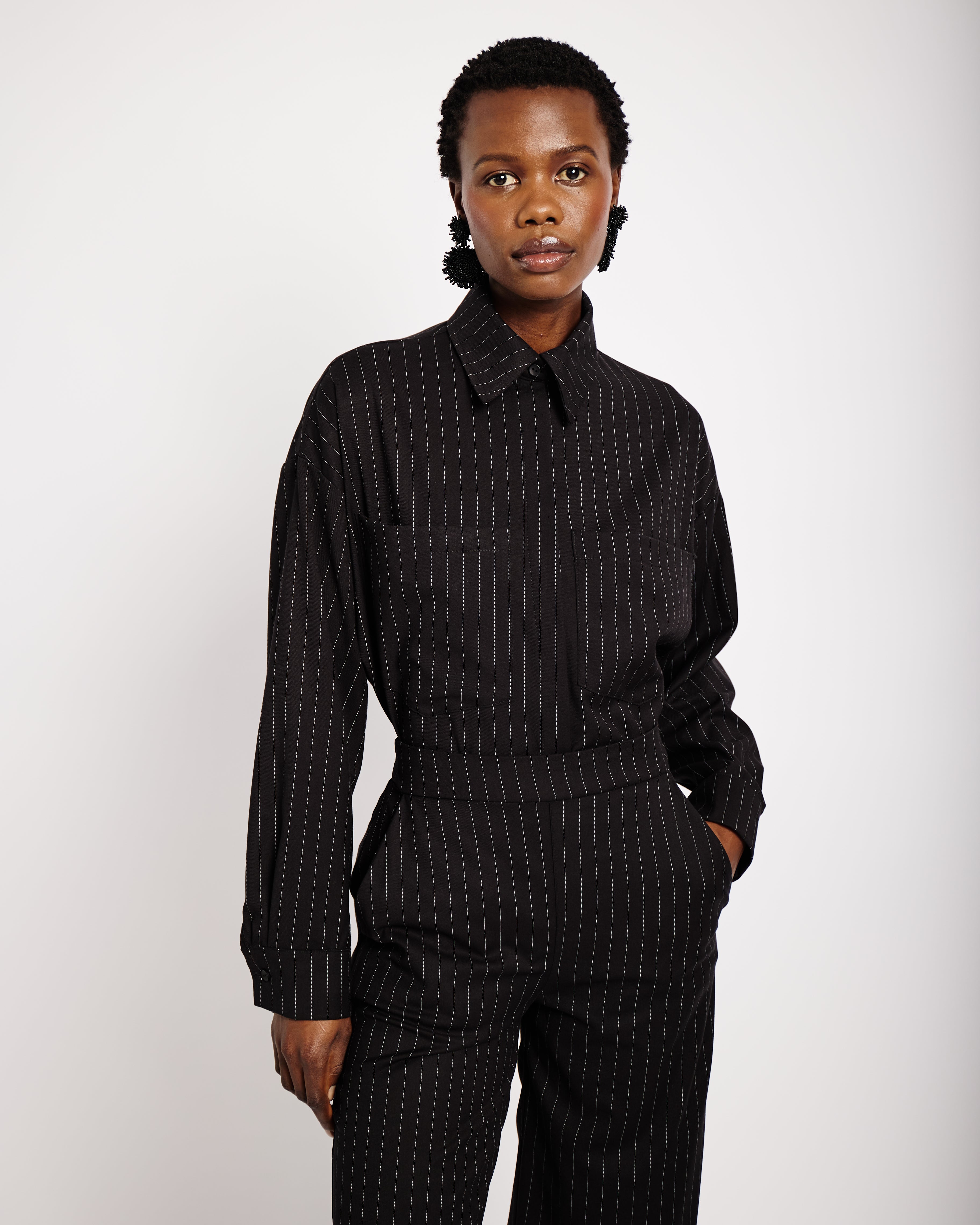 Suiting Shacket in Black Pinstripe - Me&B