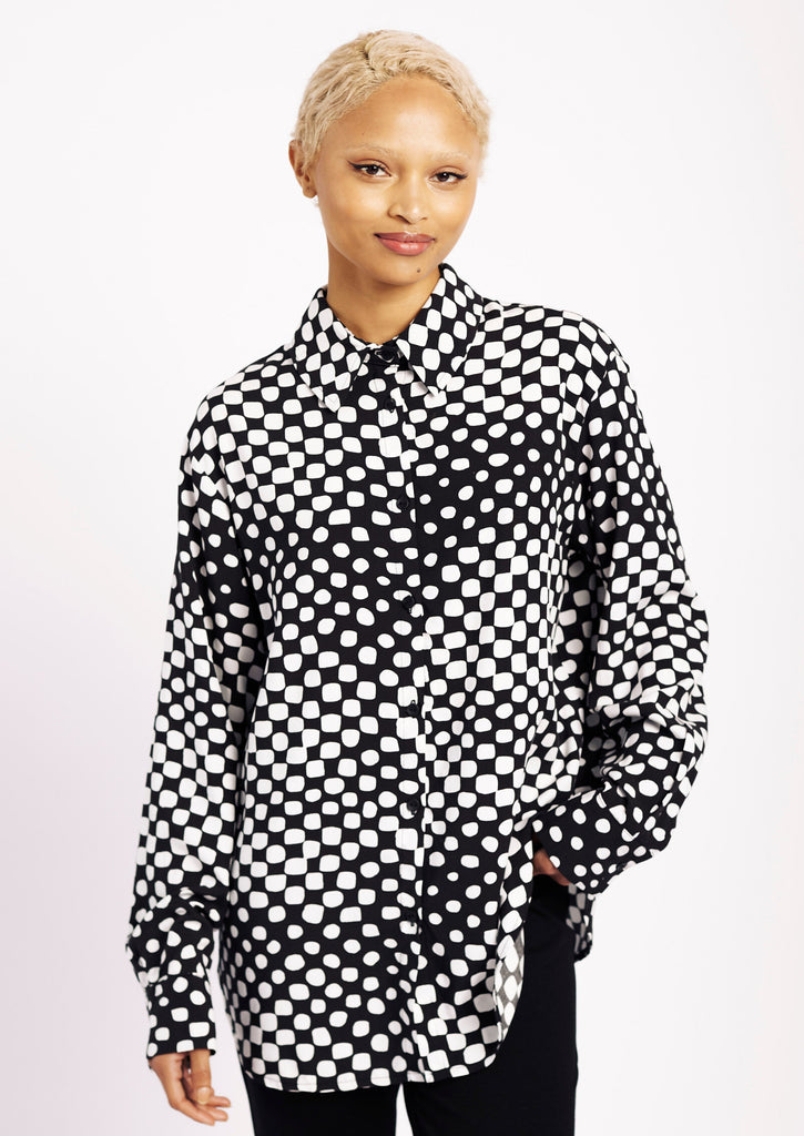 Me&B. Women's clothing. Disco print shirt. Black and white button up shirt. Polka dot shirt. 