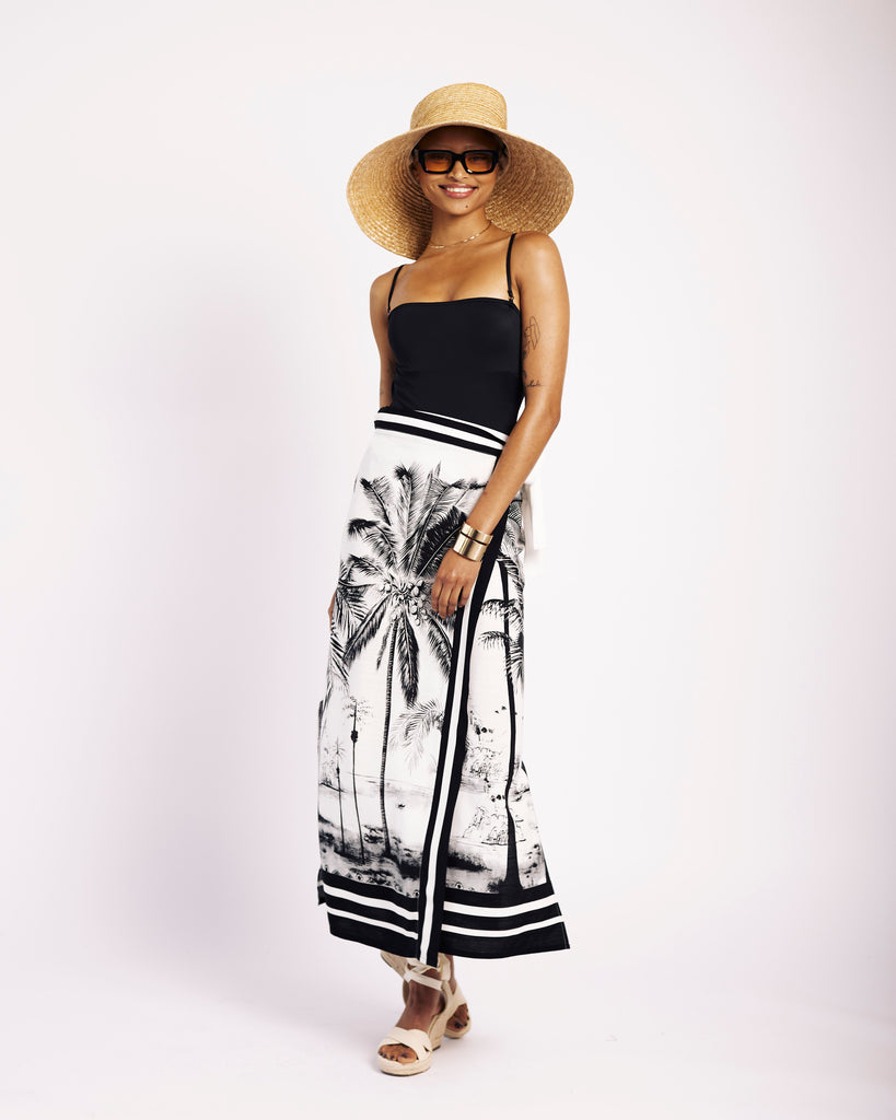 Me&B. Women's clothing. Skirts. Palm print wrap skirt. Beach wrap skirt. Beach cover up. Cover up skirt. South African Brand.