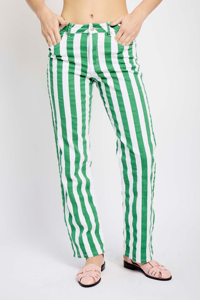 Green and white stripe denim jeans