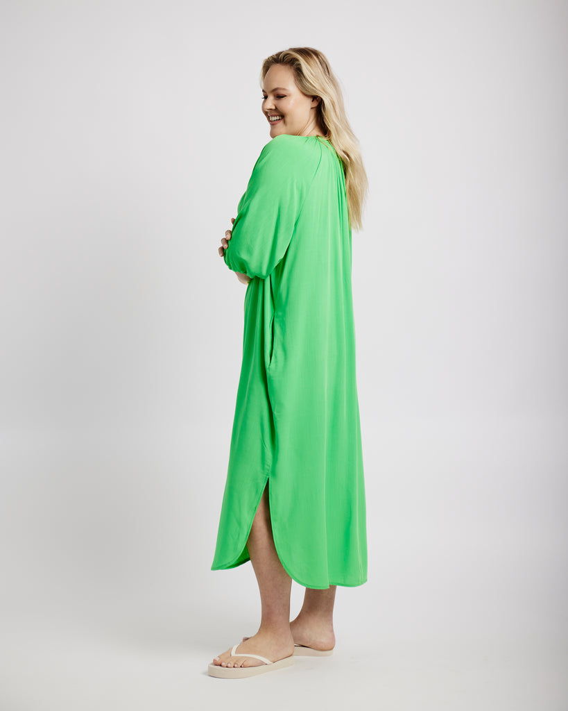 Me&B. Women's Clothing. Green Tunic Dress. Green loose maxi dress. Sleeved maxi dress. Locally made in South Africa.