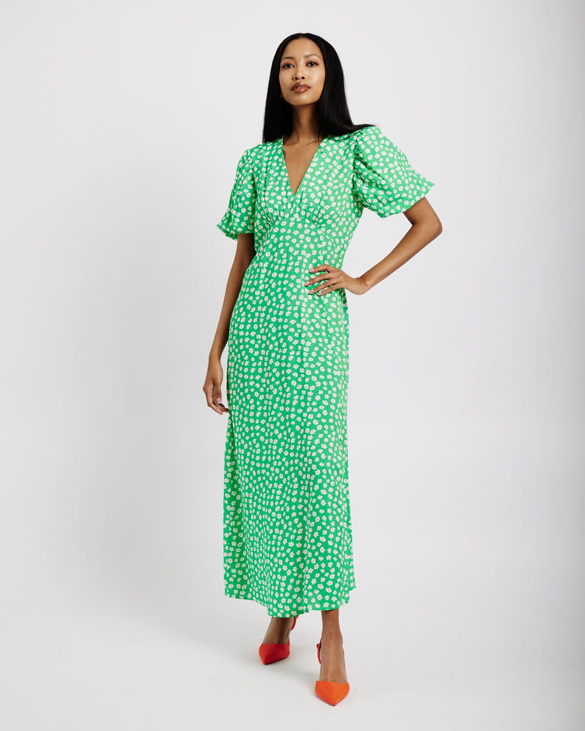 Me&B. Women's clothing. Green floral print maxi dress. Green ditsy empire dress. puff sleeve maxi print dress. Local Cape Town Brand.