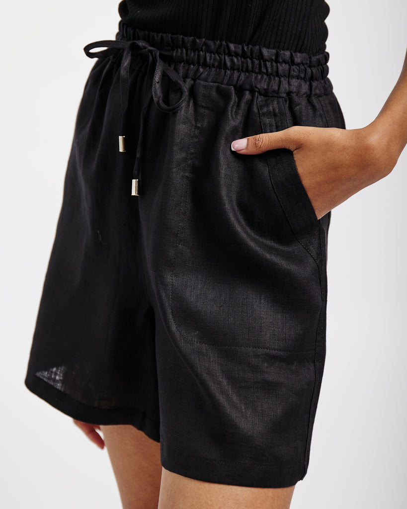 Me&B. Women's clothing. Linen shorts. Black linen shorts. Elasticated shorts . Drawstring shorts. Highwaisted shorts Local Cape Town Brand.