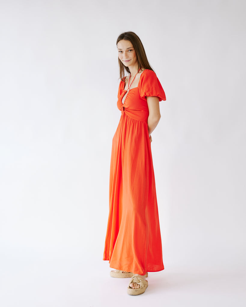 Me&B. Women's Clothing. Dress. Puff Sleeve Dress In Coral. Cut Out Maxi dress in orange. Local Clothing Brand South Africa.