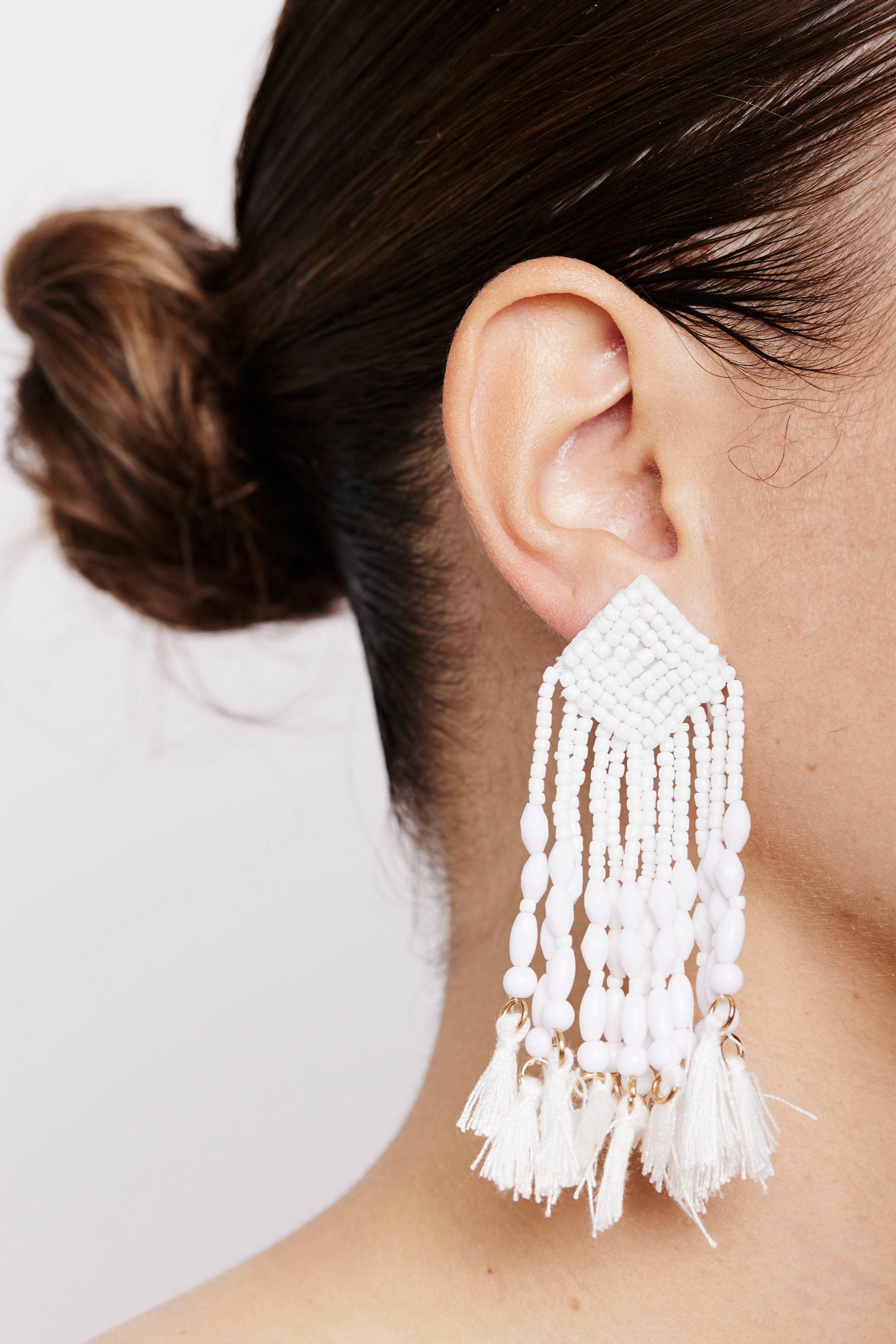 Beaded Tassle Earrings in Ivory White - Me&B