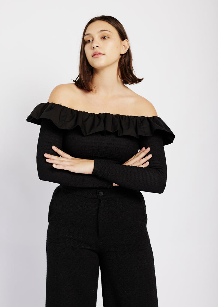 Me&B. Women's clothing. Shirts. Off the shoulder top. Frill detail top. Long sleeve black top. Frill detail long top. 