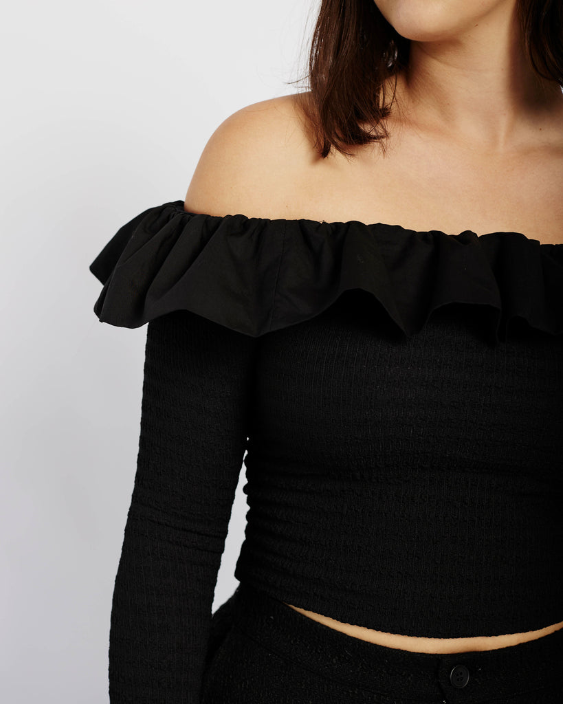 Me&B. Women's clothing. Shirts. Off the shoulder top. Frill detail top. Long sleeve black top. Frill detail long top.