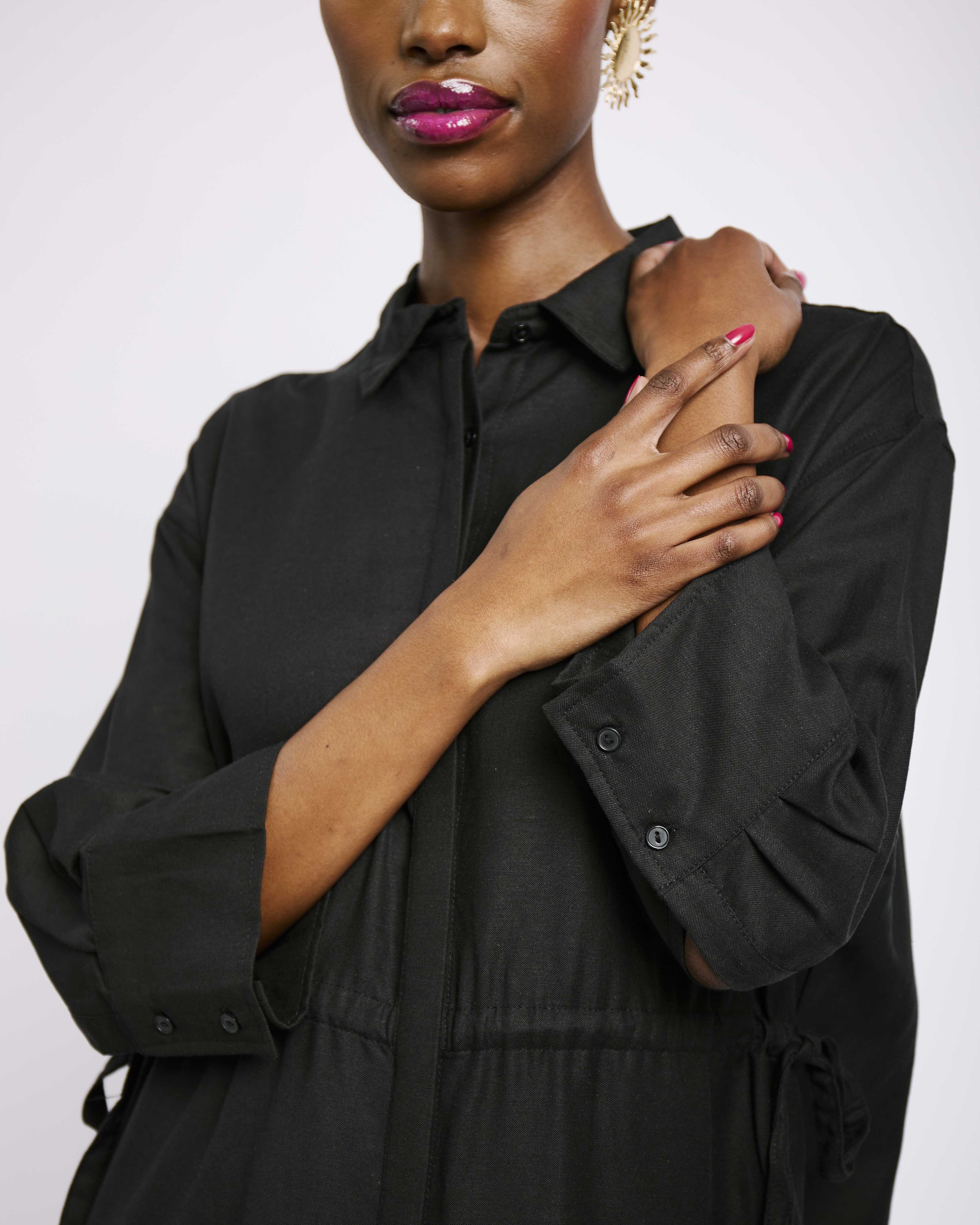 Linen Tunnel Shirt Dress in Black